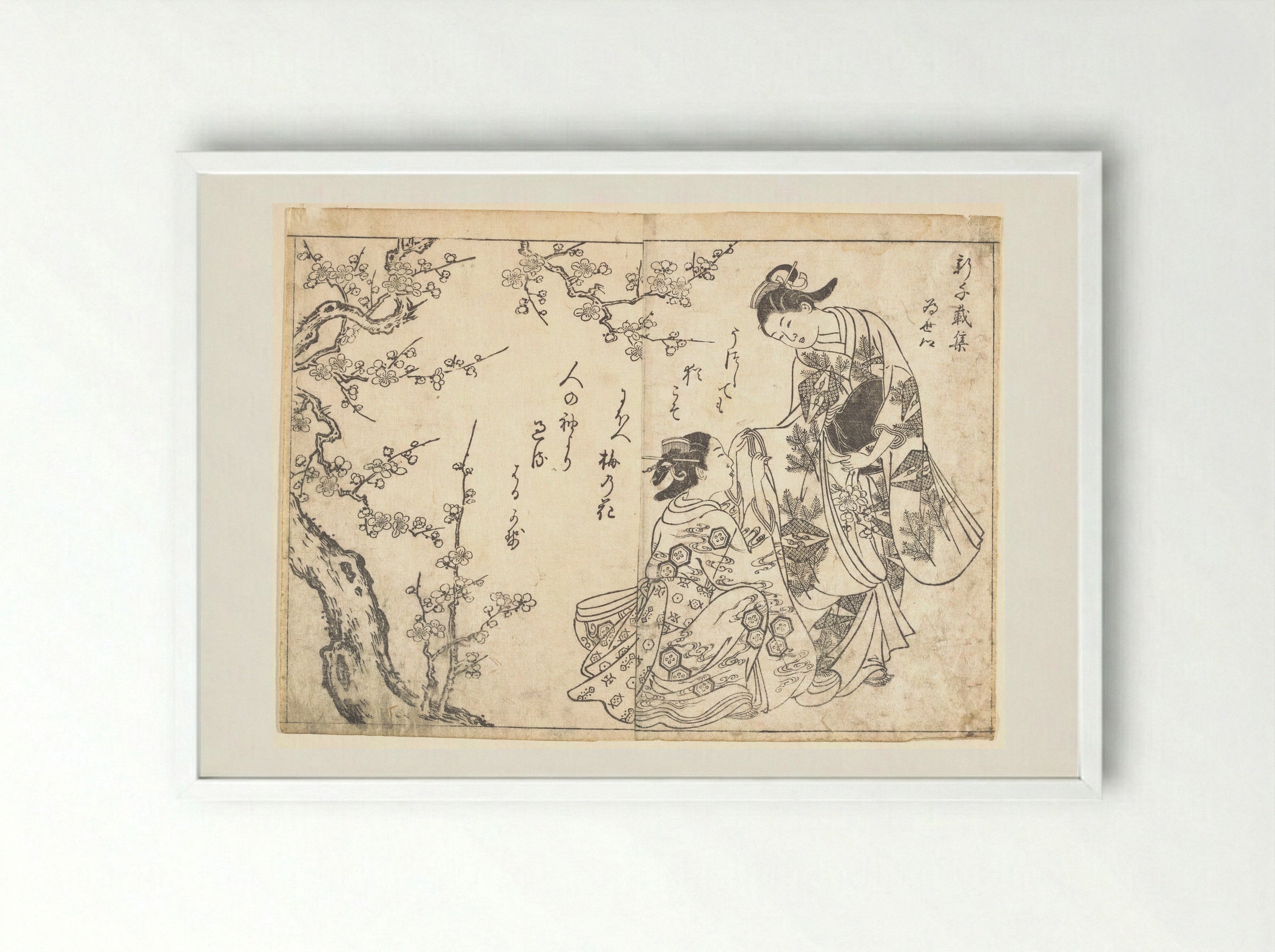 Two Girls Under Plum Tree - Nishikawa Sukenobu - Framed Print White