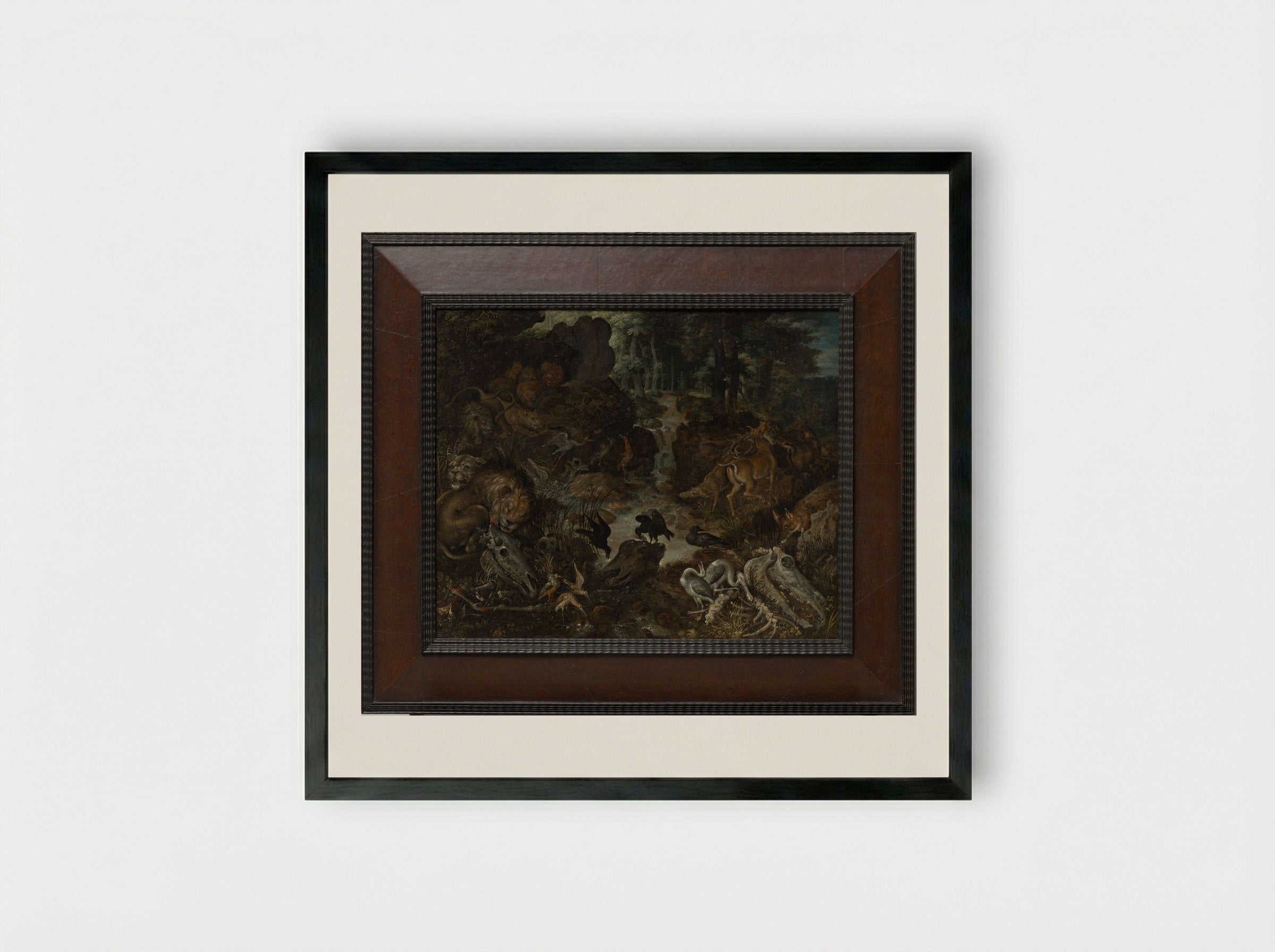 Lions and Fox in a Rugged Landscape - Roelant Savery - Framed Print Black