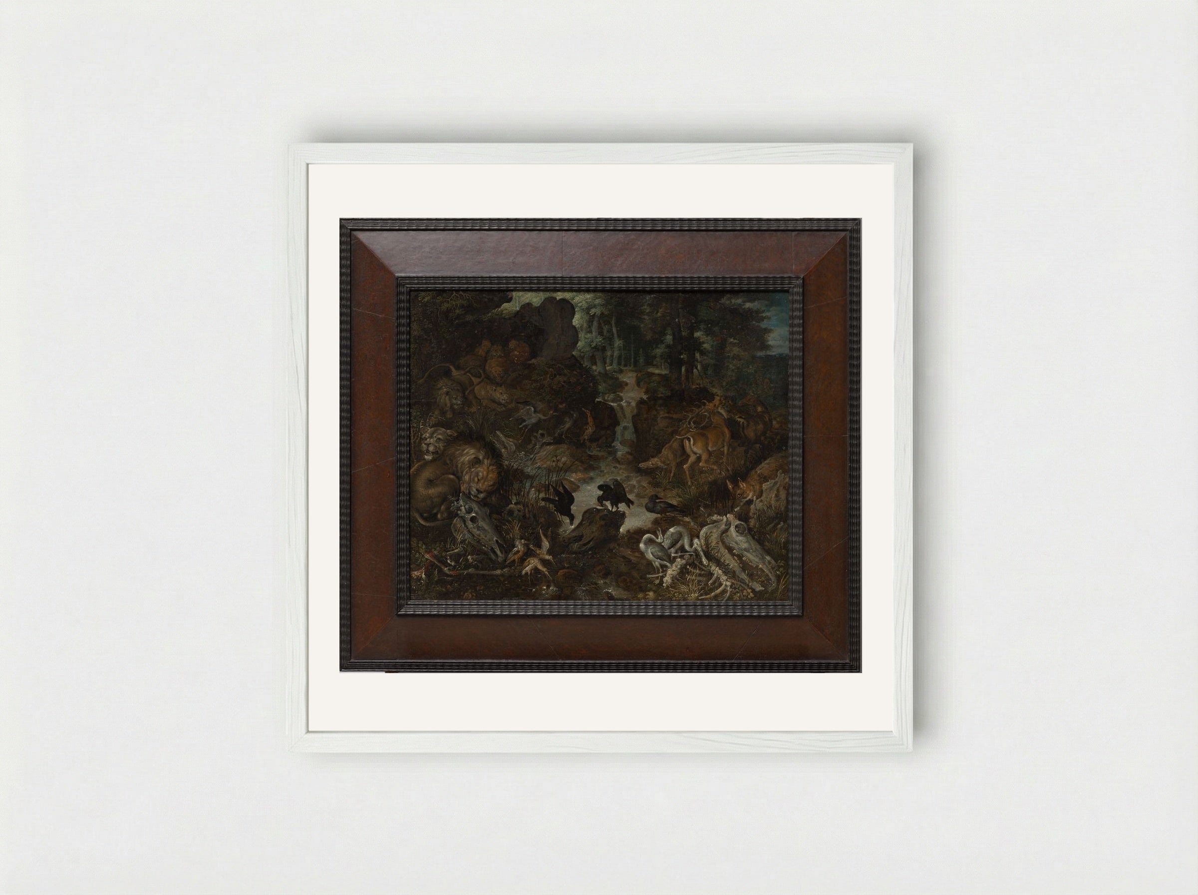 Lions and Fox in a Rugged Landscape - Roelant Savery - Framed Print White