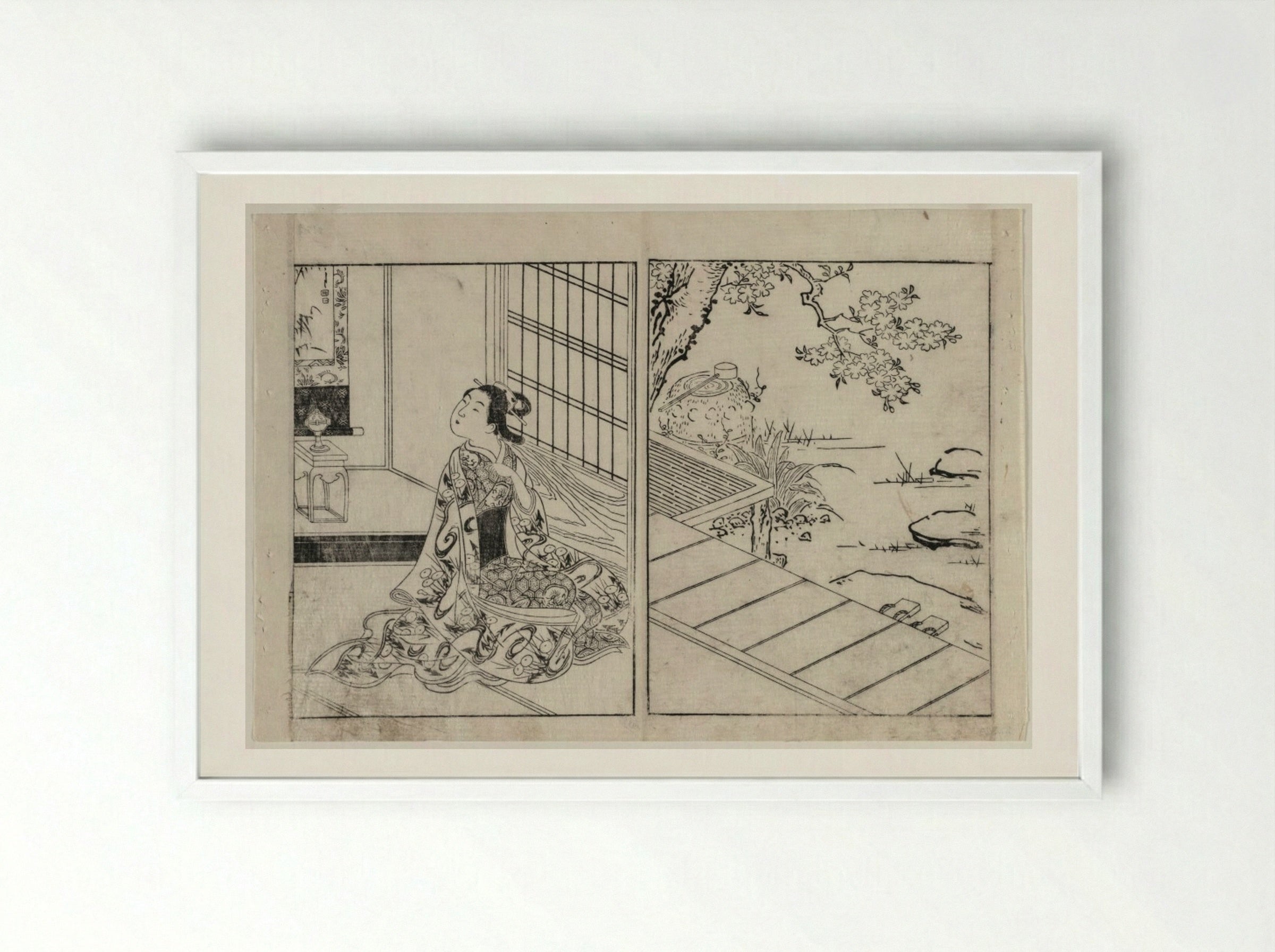 Woman Looking at a Hanging Scroll - Nishikawa Sukenobu - Framed Print White