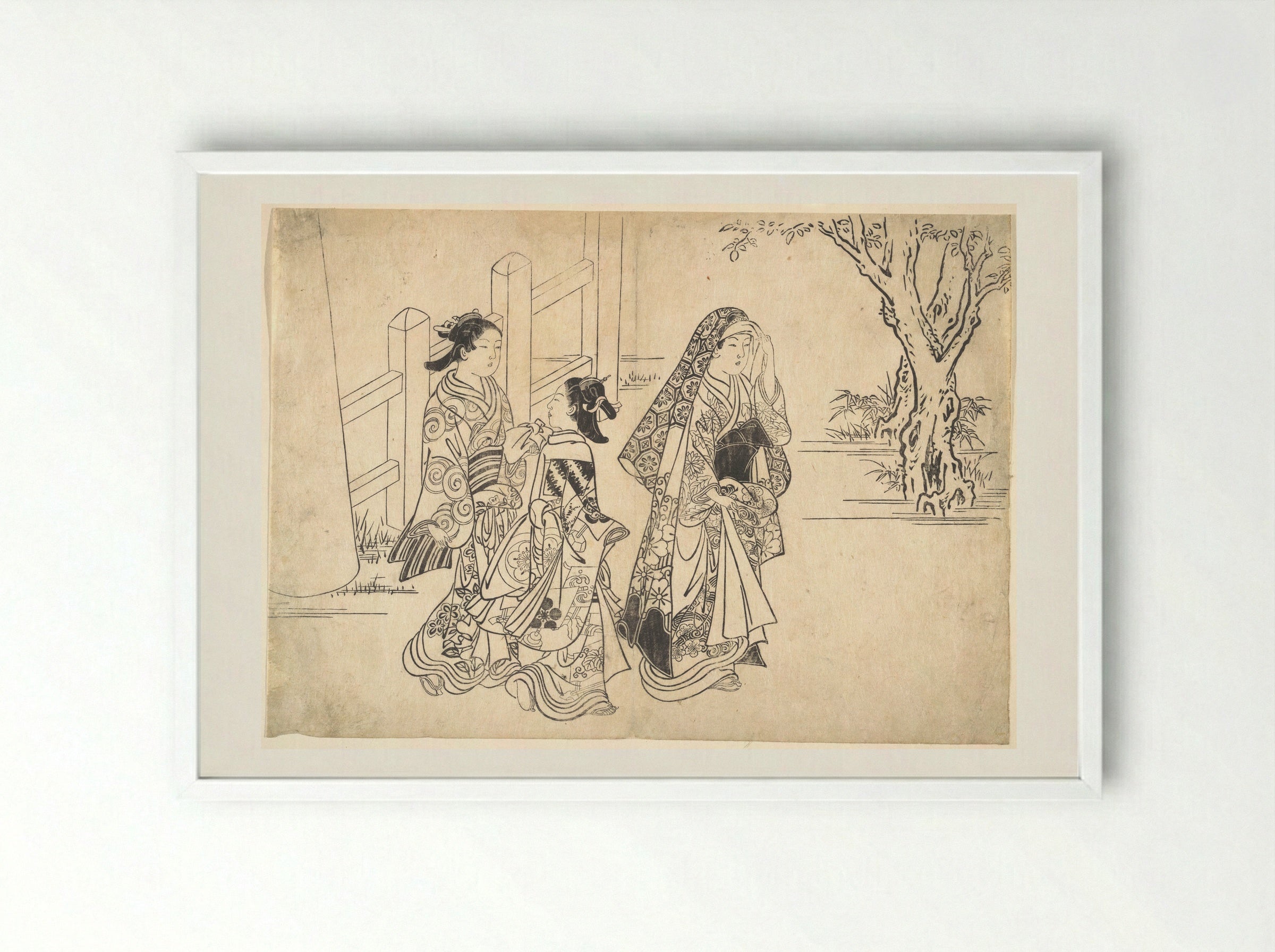 A Courtesan Followed by Two Girl Attendants - Nishikawa Sukenobu - Framed Print White