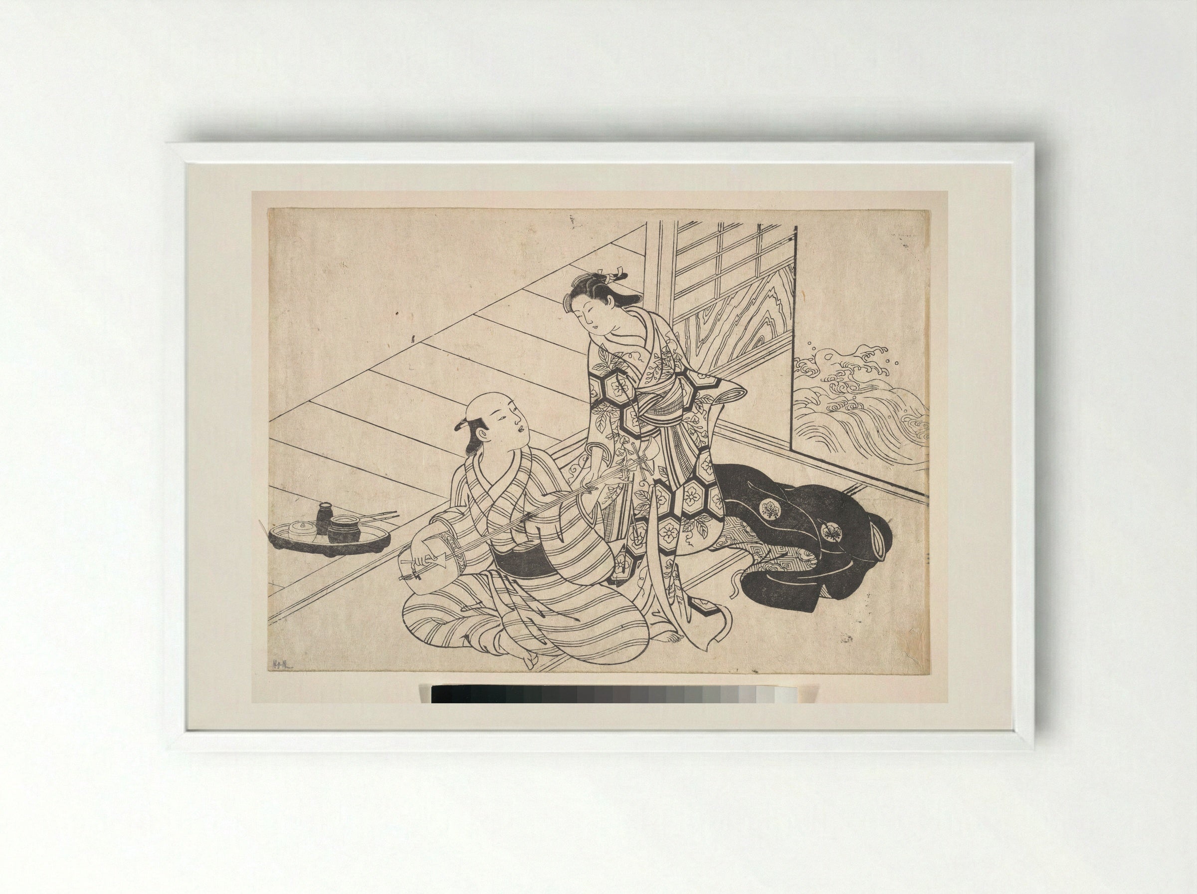 Lady Interrupting Her Lover, who is Playing the Shamisen - Nishikawa Sukenobu - Framed Print White