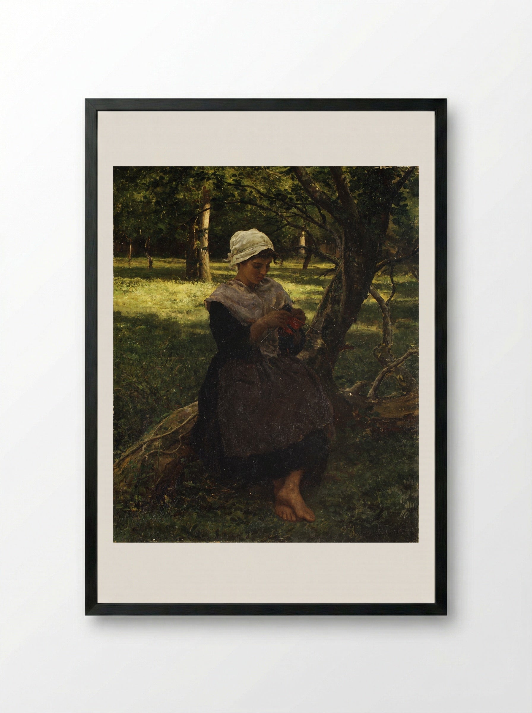 A Peasant Girl Knitting - Jules Breton - Framed Print Black