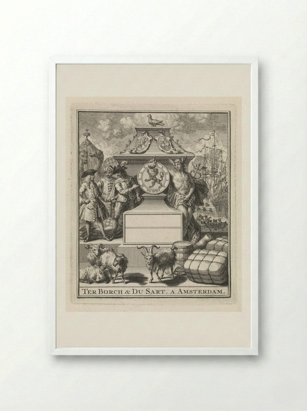 Handelaren en Mercurius naast het wapen van Holland - Pieter Tanjé - Framed Print White
