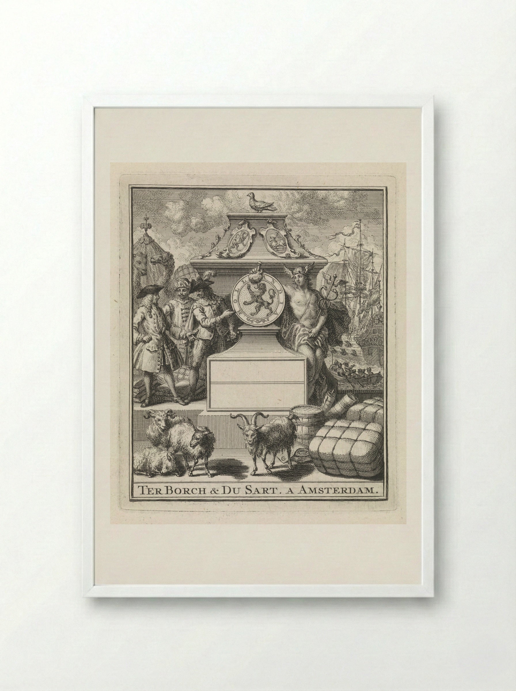 Handelaren en Mercurius naast het wapen van Holland - Pieter Tanjé - Framed Print White