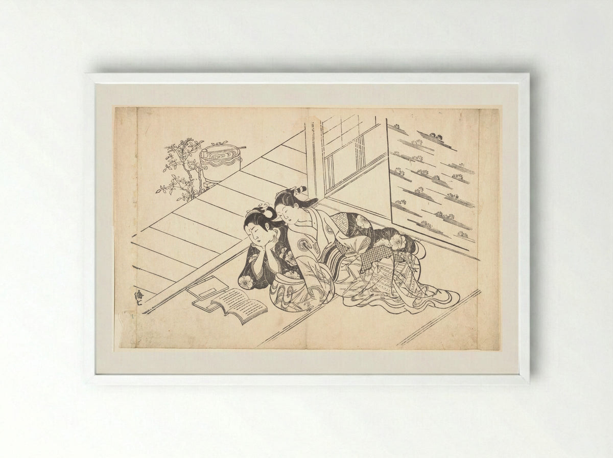 Two Women Reclining on the Floor of a Room and Reading a Book - Nishikawa Sukenobu - Framed Print White