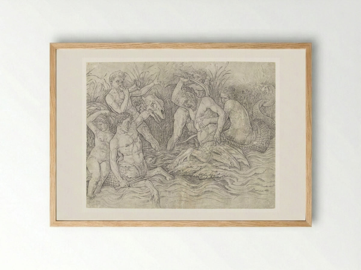Gevecht tussen tritons met nereïden op hun rug - Andrea Mantegna - Framed Print Wood