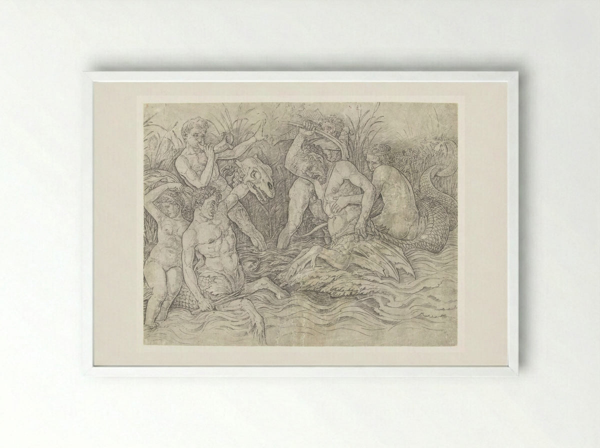 Gevecht tussen tritons met nereïden op hun rug - Andrea Mantegna - Framed Print White