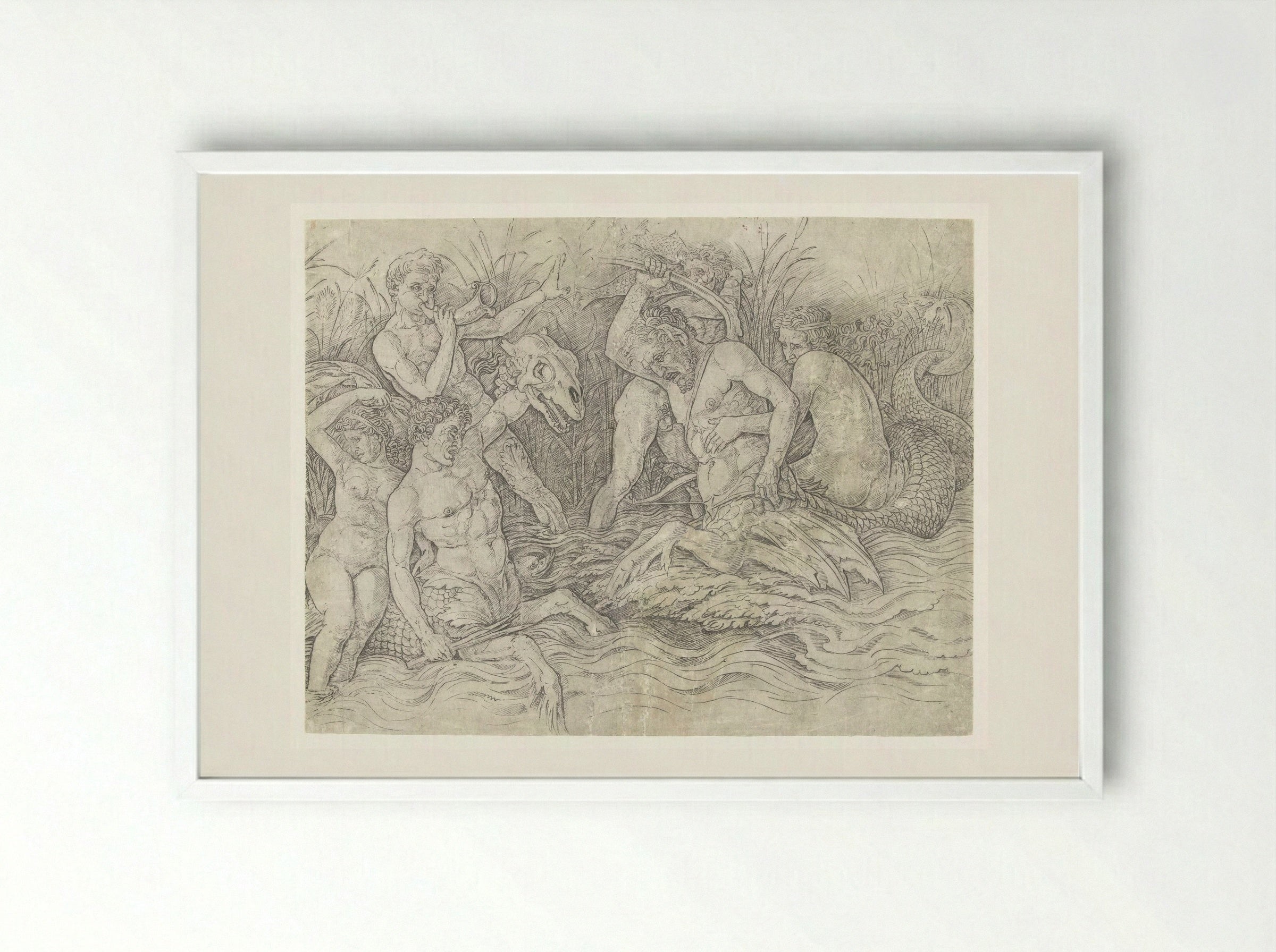 Gevecht tussen tritons met nereïden op hun rug - Andrea Mantegna - Framed Print White