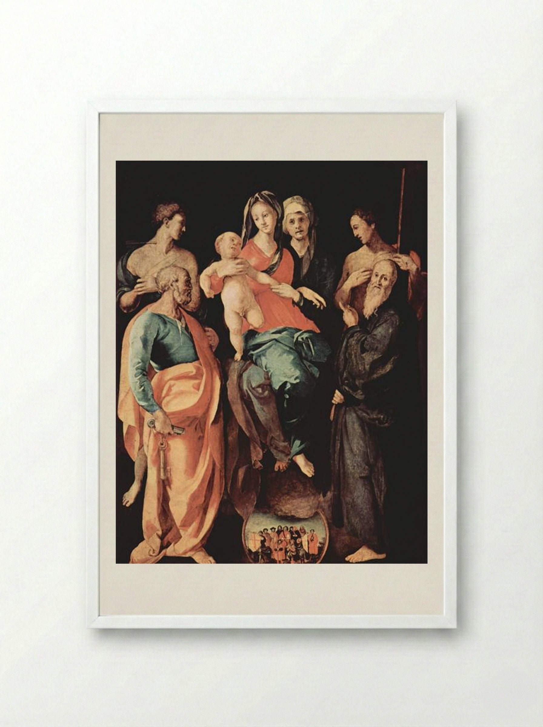 Madonna with St. Anne, St. Sebastian, St. Peter, St. Benedict and St. Filippus - Jacopo Pontormo - Framed Print White