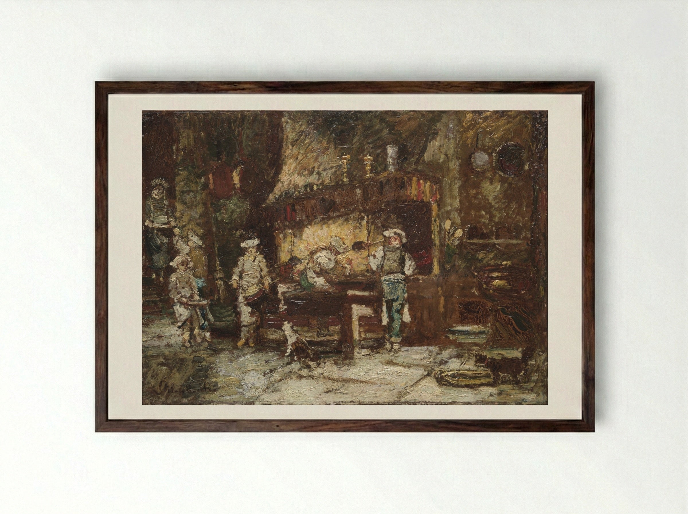 The Kitchen of the Rôtisserie des Deux Paons - Adolphe Monticelli - Framed Print Dark Wood