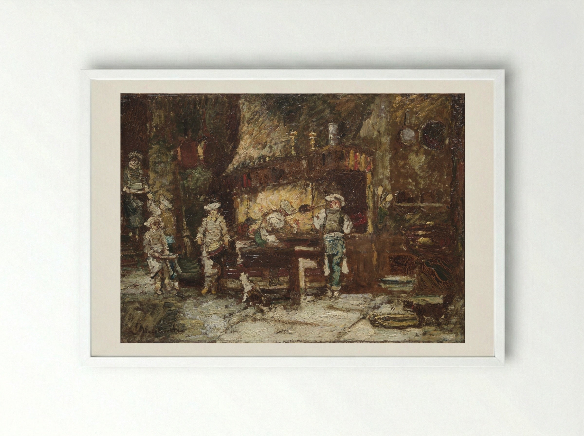 The Kitchen of the Rôtisserie des Deux Paons - Adolphe Monticelli - Framed Print White