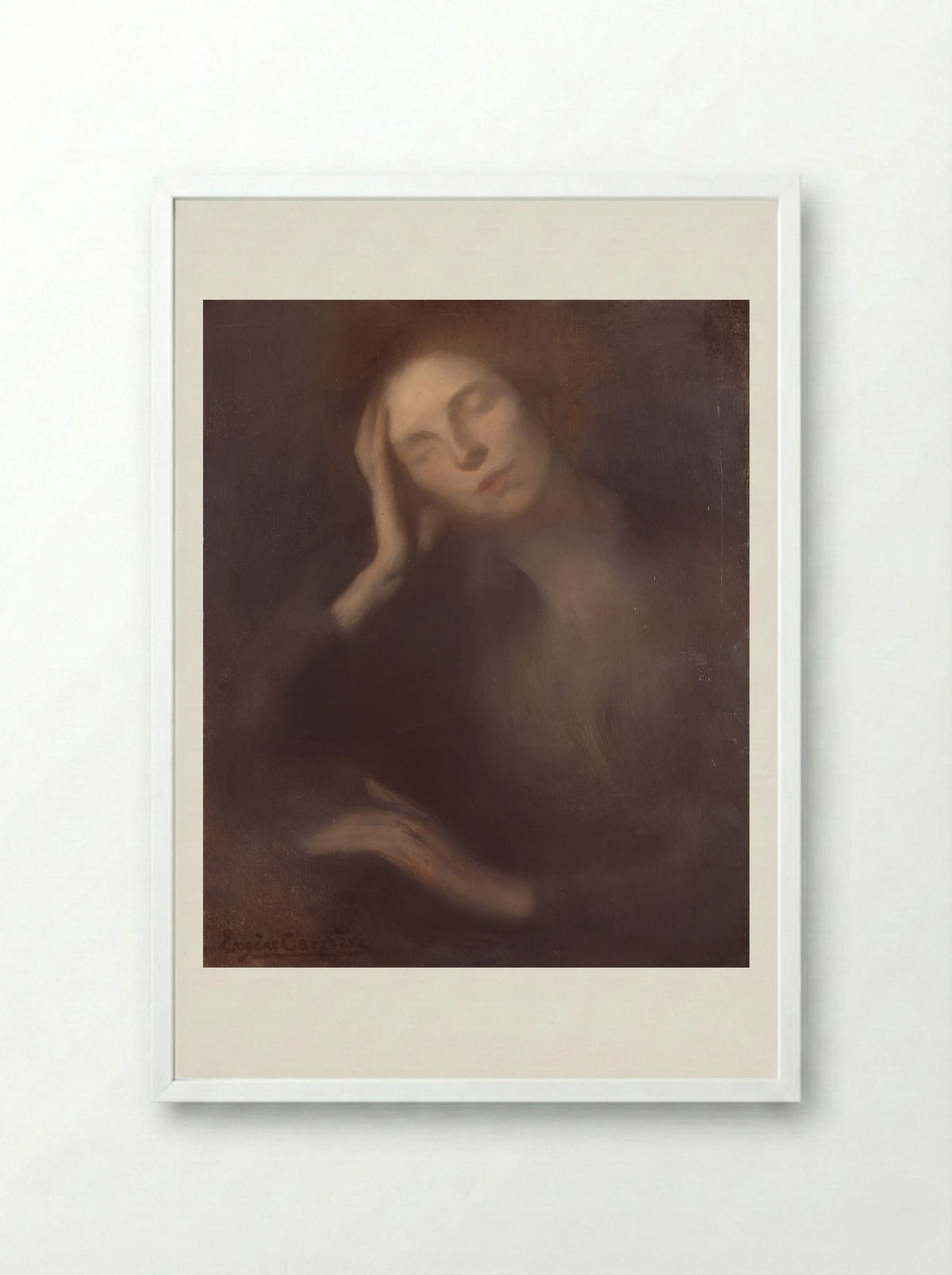 Woman Leaning on a Table - Eugène Carrière - Framed Print White
