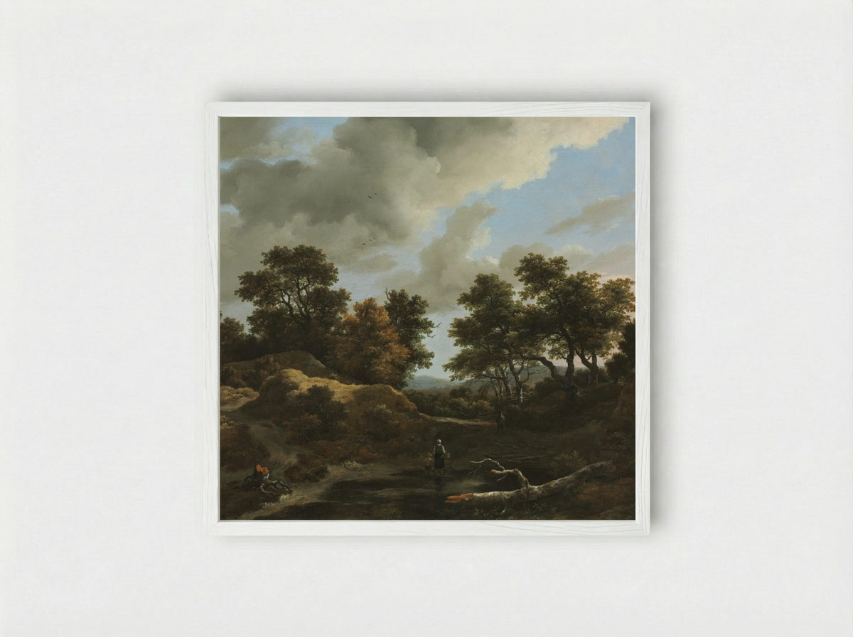 Wooded and Hilly Landscape - Jacob van Ruisdael - Framed Print White