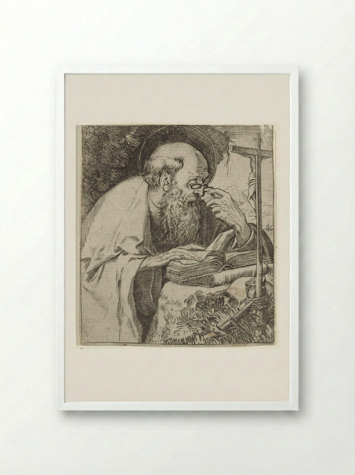 Saint Jerome Reading - Annibale Carracci - Framed Print White