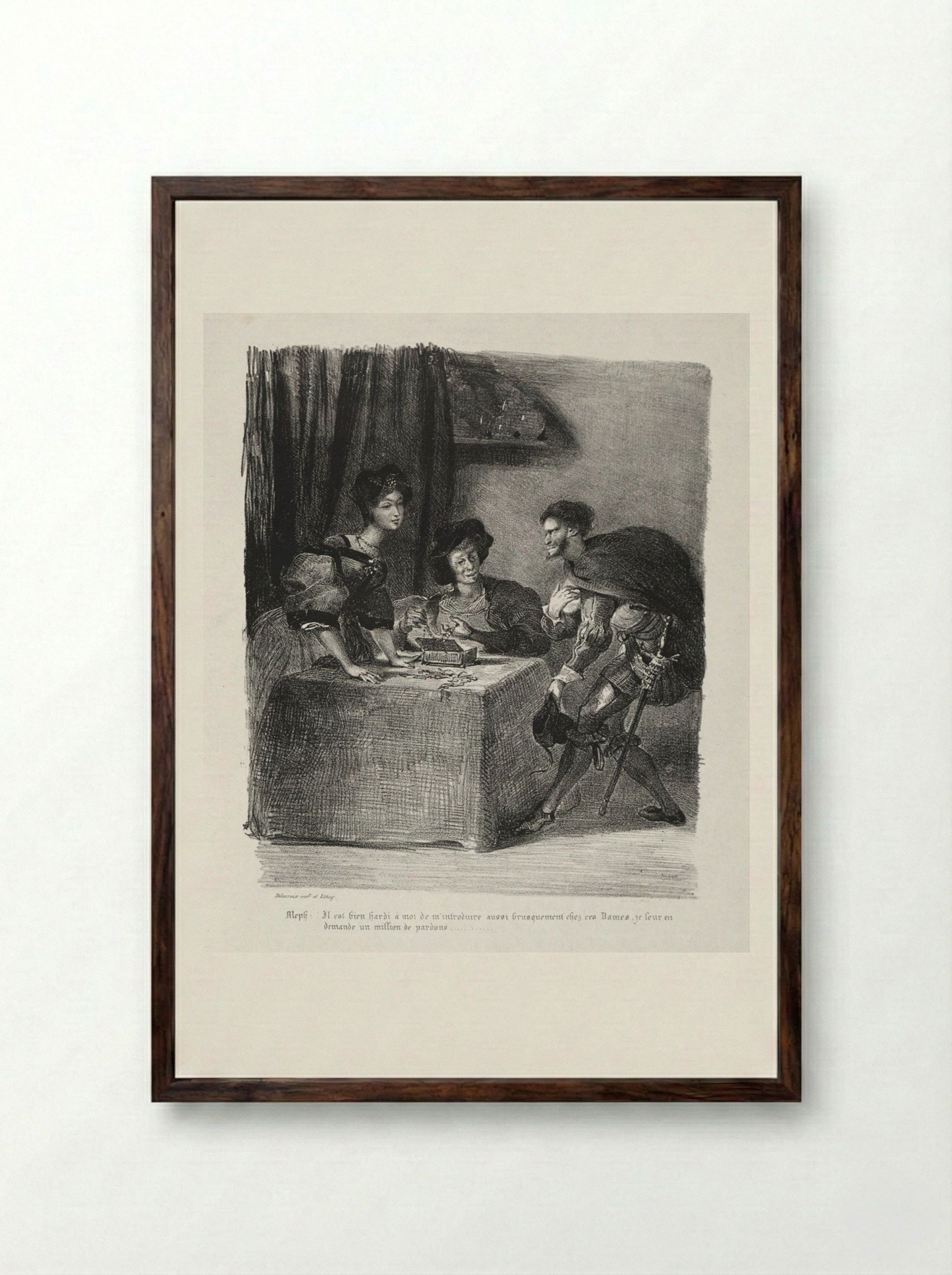 Illustrations for Faust: Méphistophélès is at Marthe - Eugène Delacroix - Framed Print Dark Wood