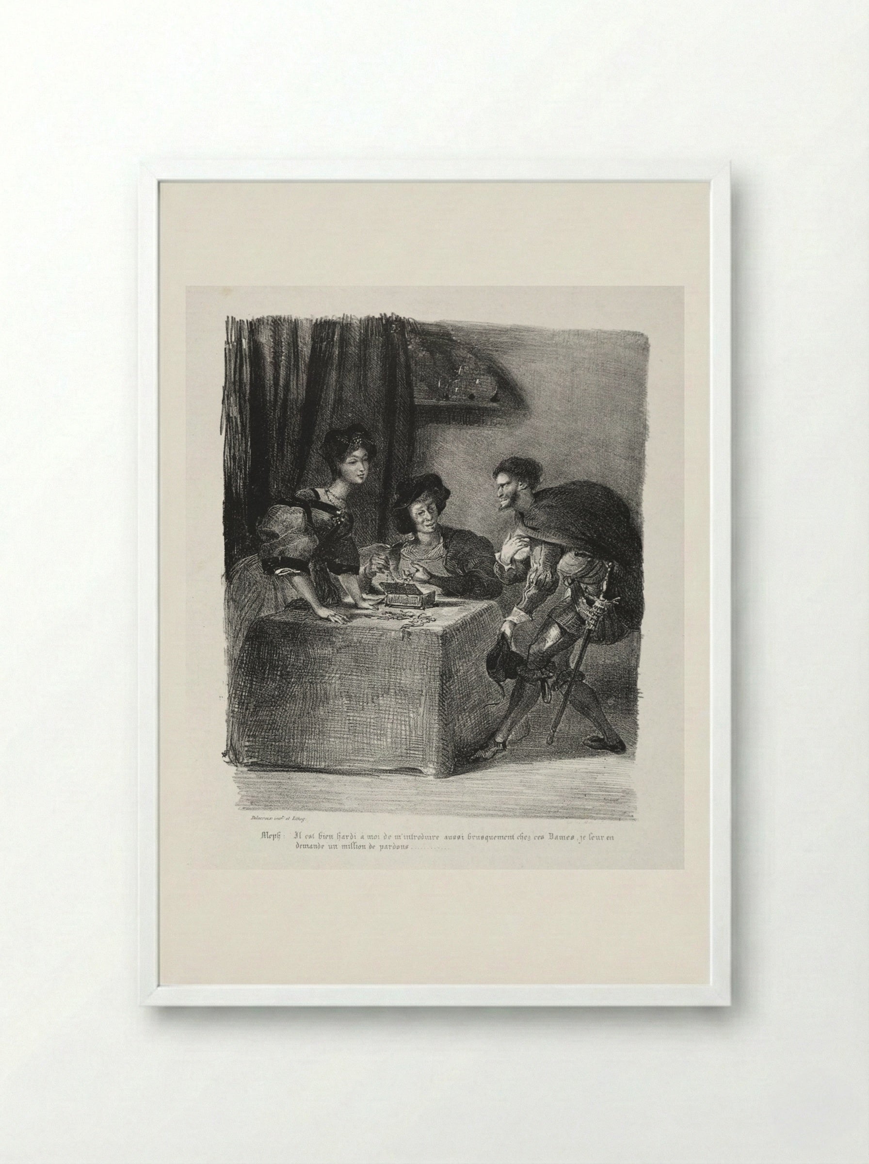 Illustrations for Faust: Méphistophélès is at Marthe - Eugène Delacroix - Framed Print White