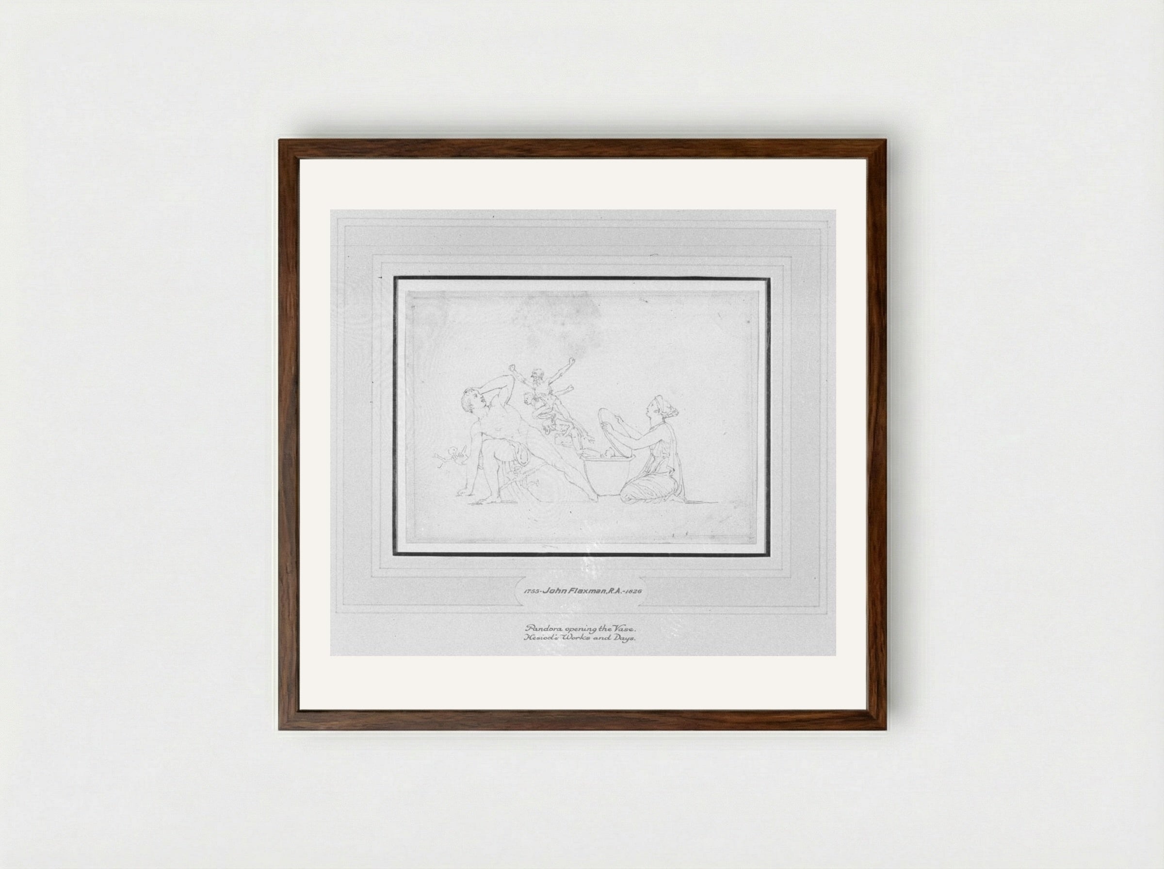 Pandora Opening the Vase (Hesiod, Works and Days) - John Flaxman - Framed Print Dark Wood