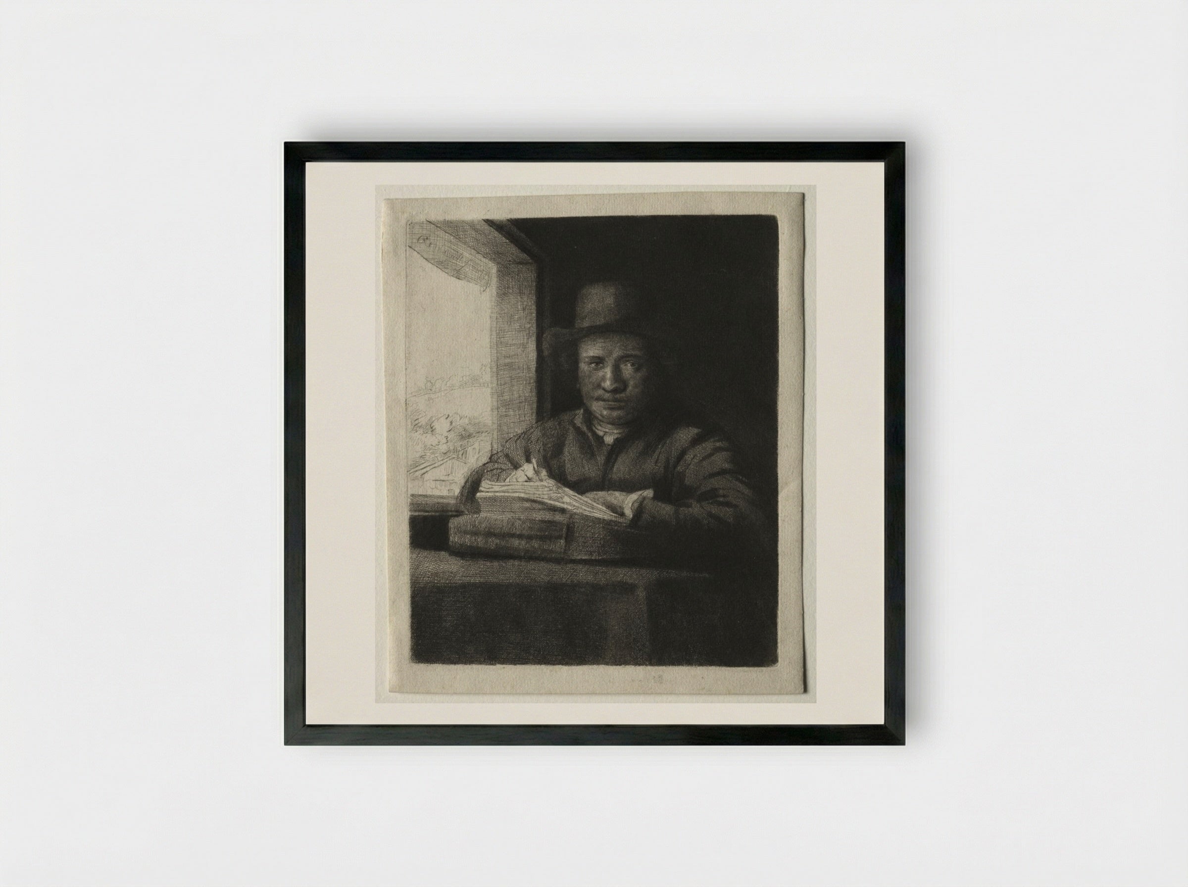 Self-Portrait Drawing at a Window - Rembrandt van Rijn - Framed Print Black