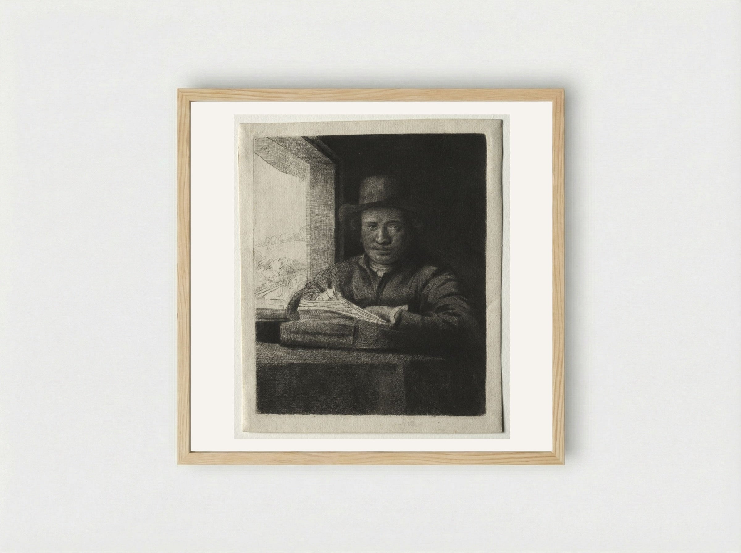Self-Portrait Drawing at a Window - Rembrandt van Rijn - Framed Print Wood