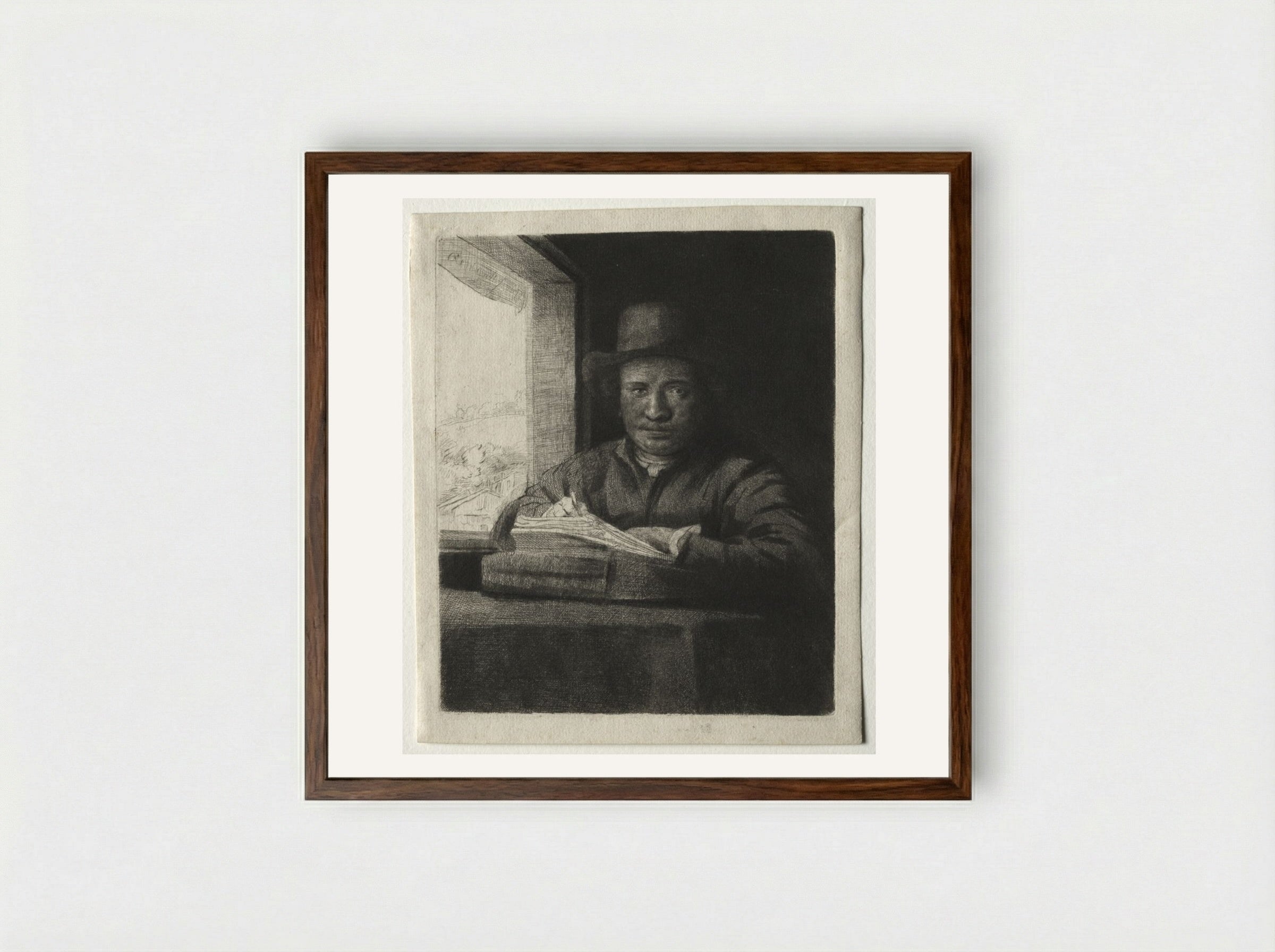 Self-Portrait Drawing at a Window - Rembrandt van Rijn - Framed Print Dark Wood