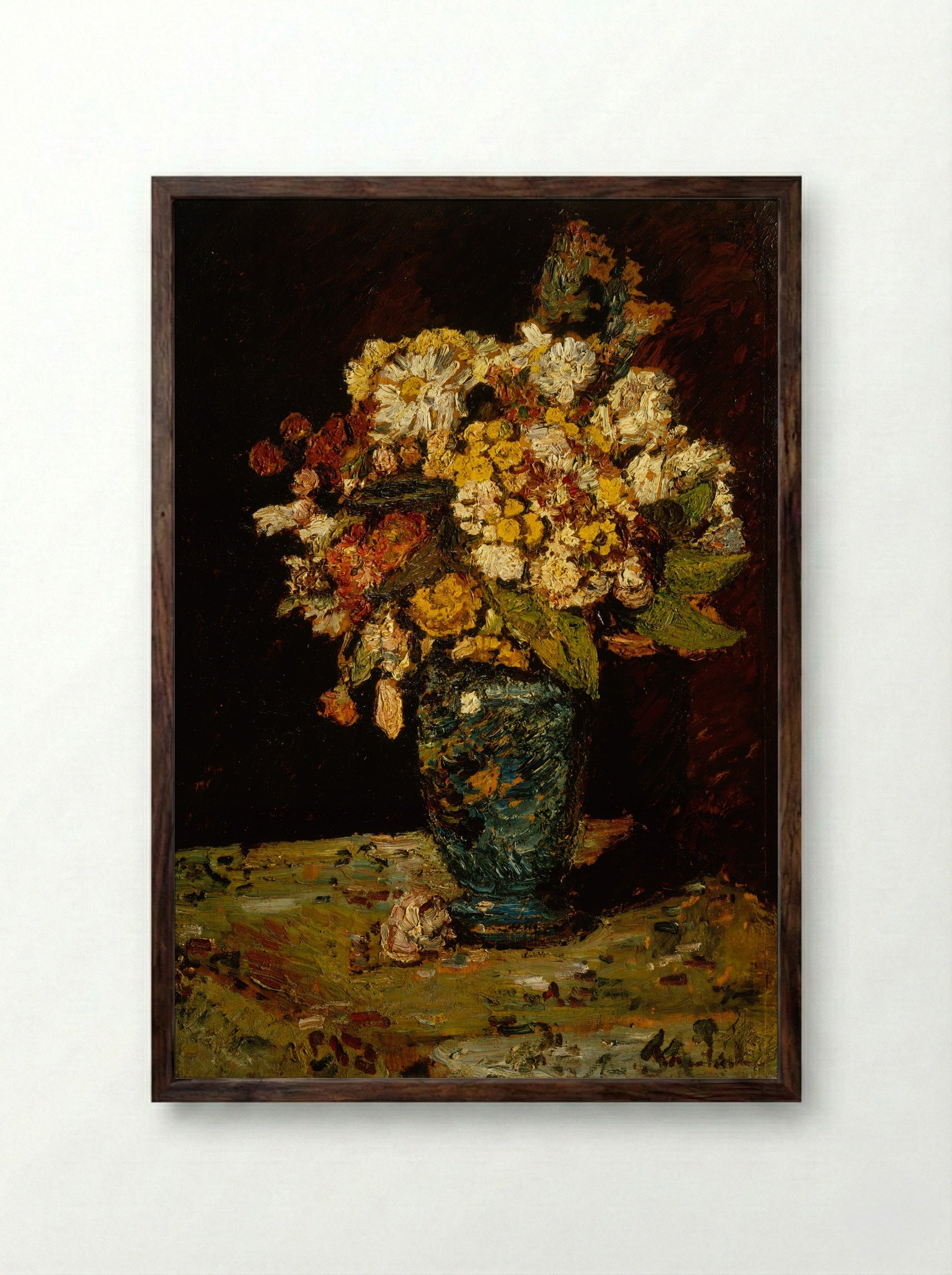 Flowers in a Blue Vase - Adolphe Monticelli - Framed Print Dark Wood