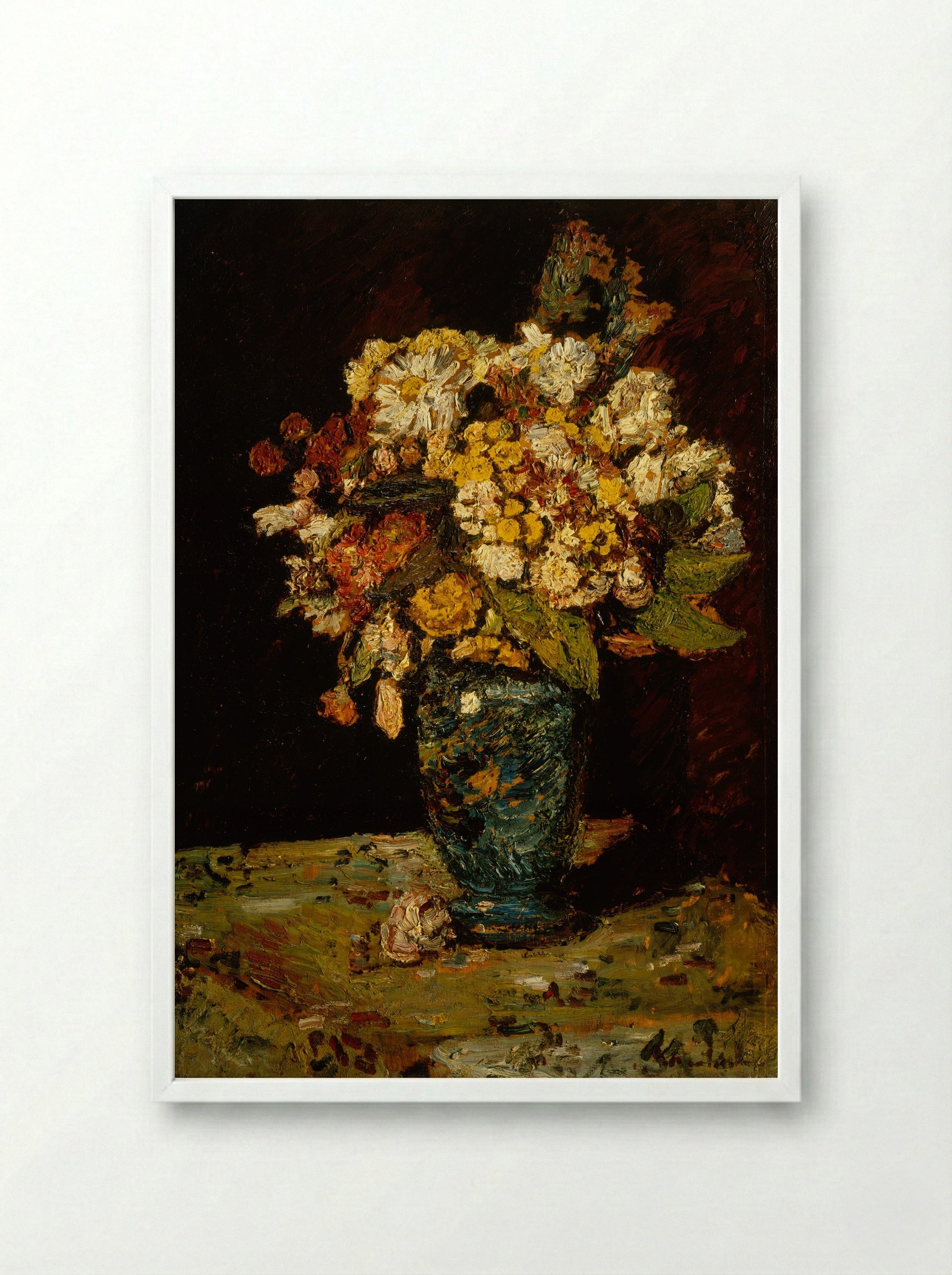 Flowers in a Blue Vase - Adolphe Monticelli - Framed Print White