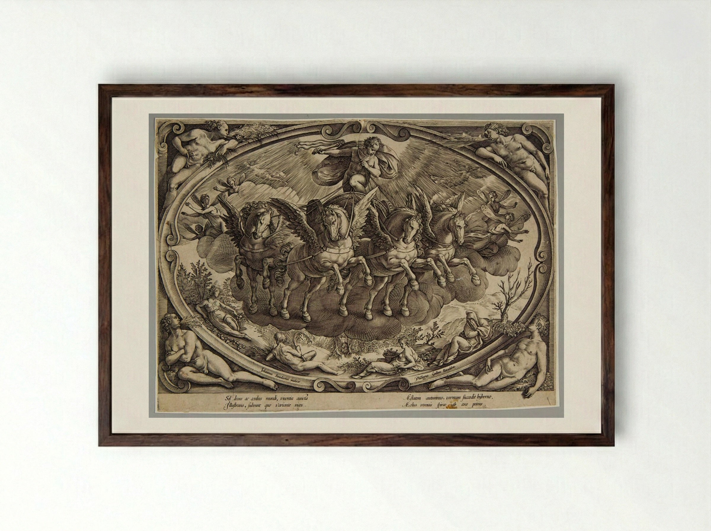 Title Plate: Sol and the Personifications of the Four Seasons - Philips Galle - Framed Print Dark Wood