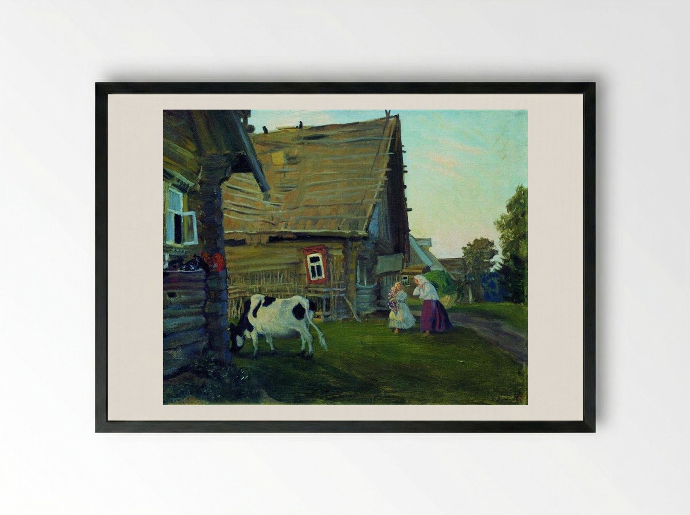The Hut. Kostroma Province - Boris Kustodiev - Framed Print Black