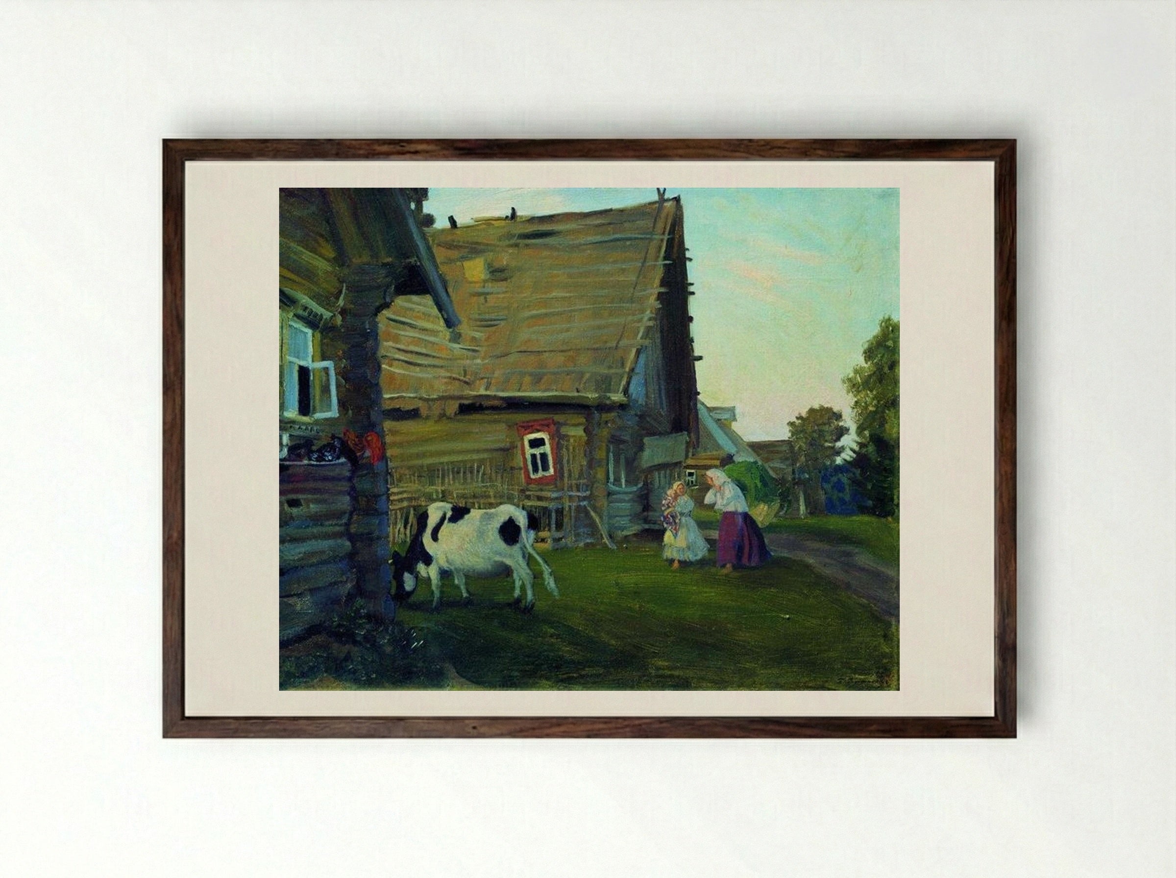 The Hut. Kostroma Province - Boris Kustodiev - Framed Print Dark Wood