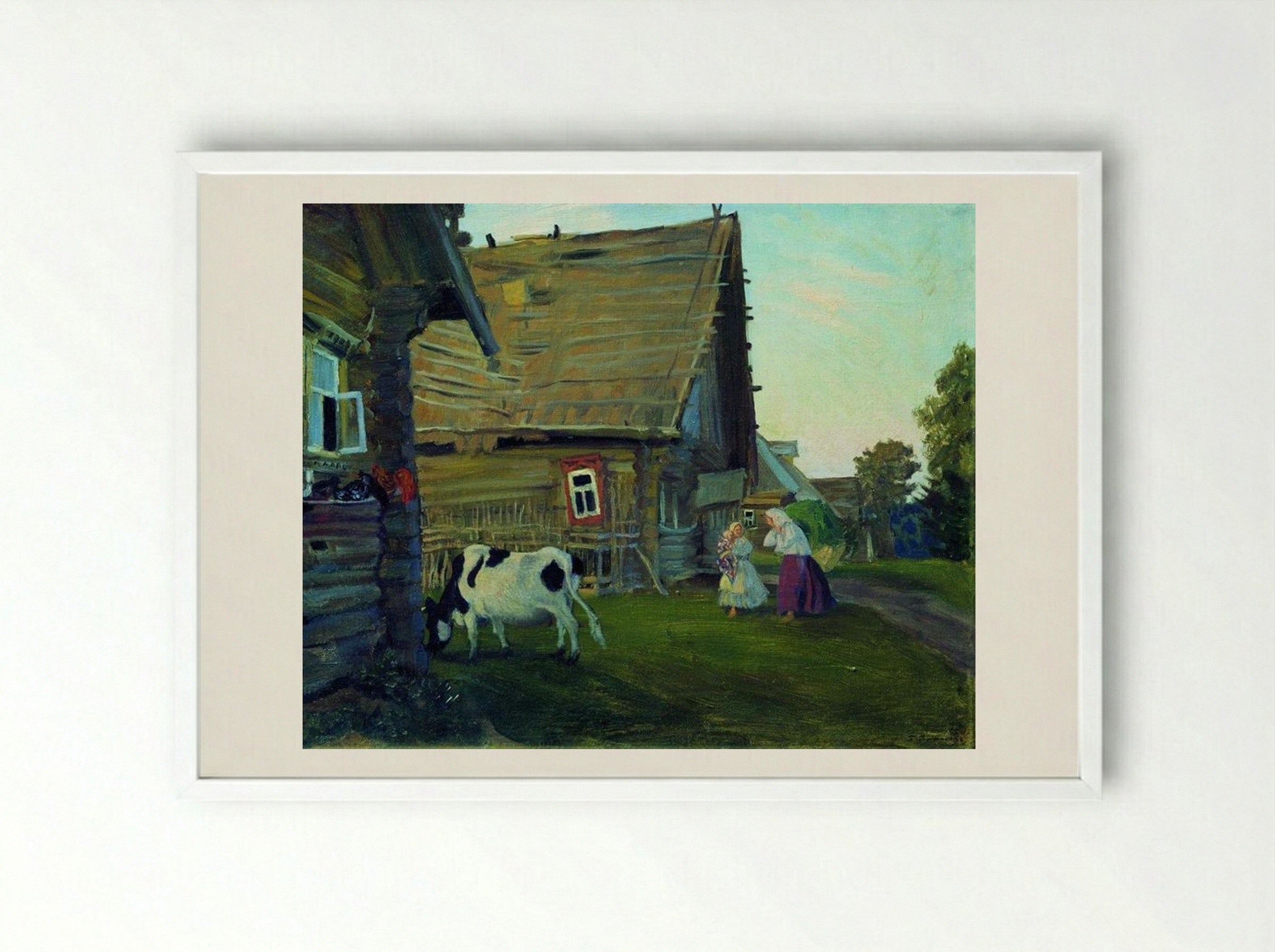 The Hut. Kostroma Province - Boris Kustodiev - Framed Print White