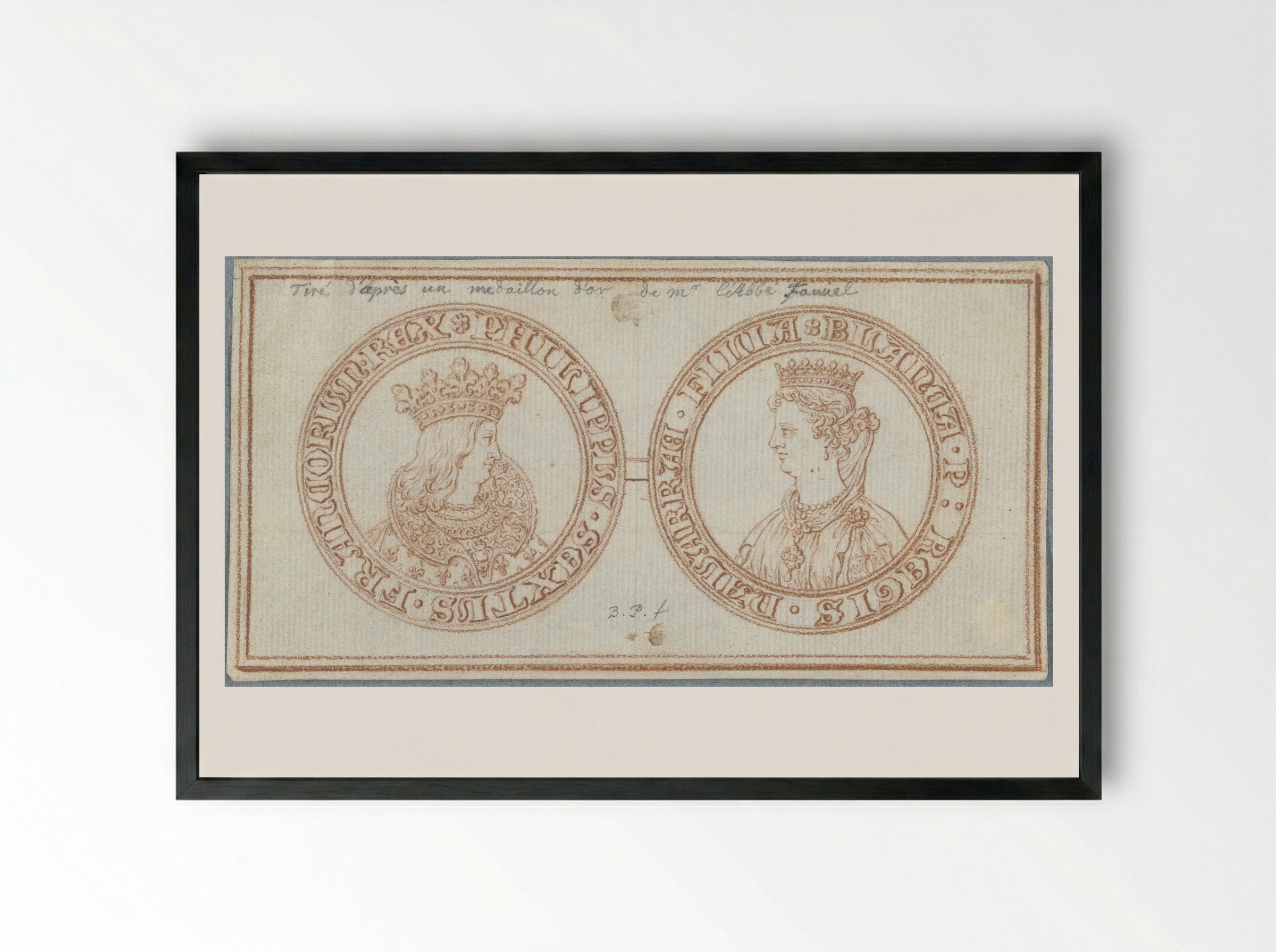 Obverse and Reverse of a Medal with Portraits of Philip VI and Blanche of Navarre - Bernard Picart - Framed Print Black