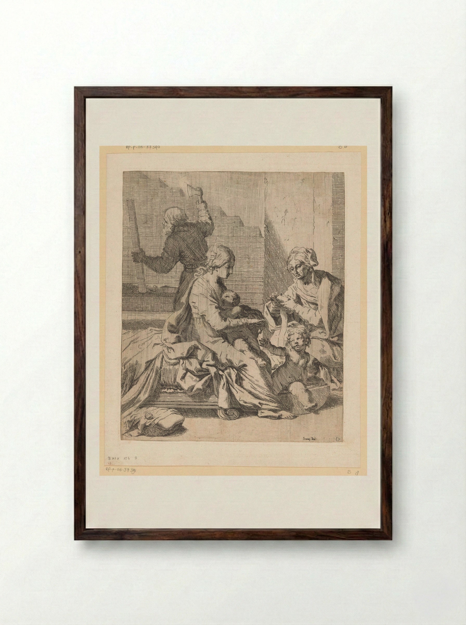 The Holy Family with Saint John the Baptist and Saint Elizabeth - Elisabetta Sirani - Framed Print Dark Wood