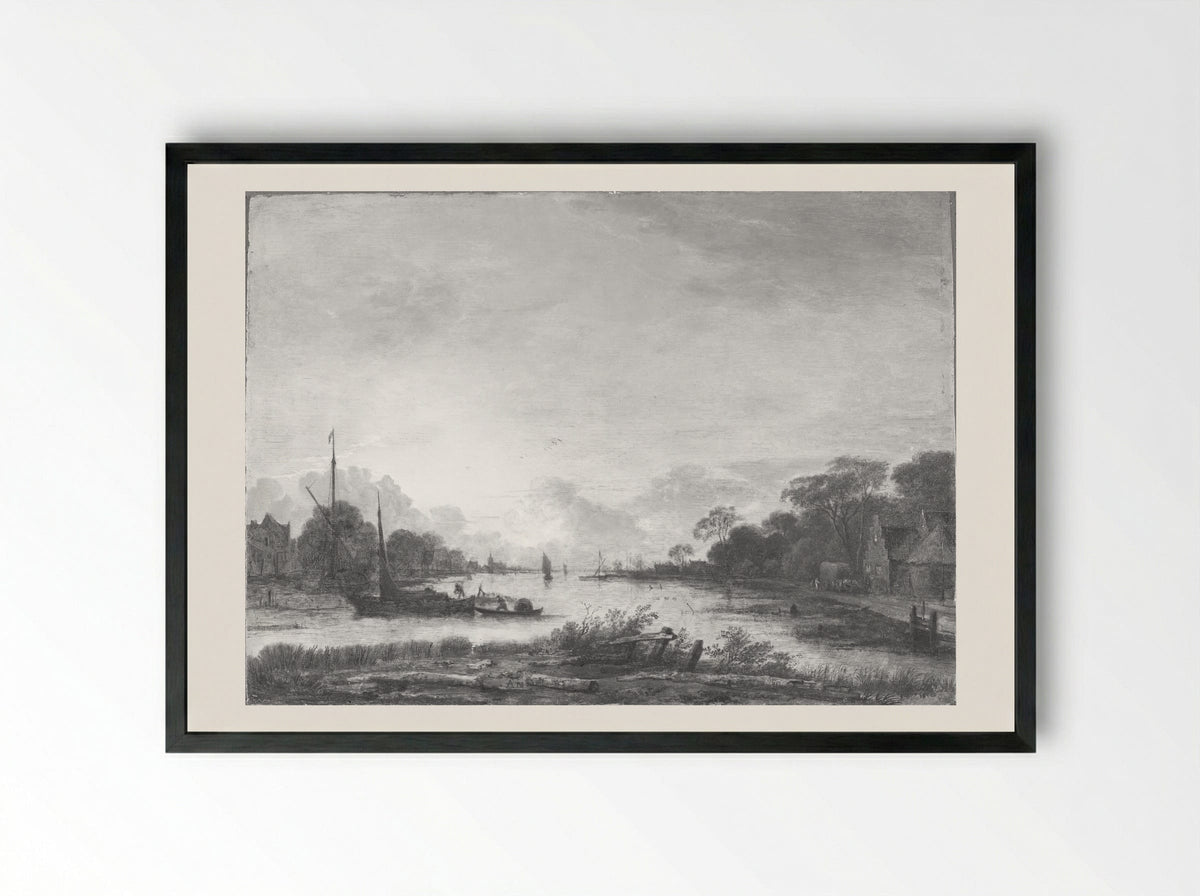 River Landscape - Aert van der Neer - Framed Print Black