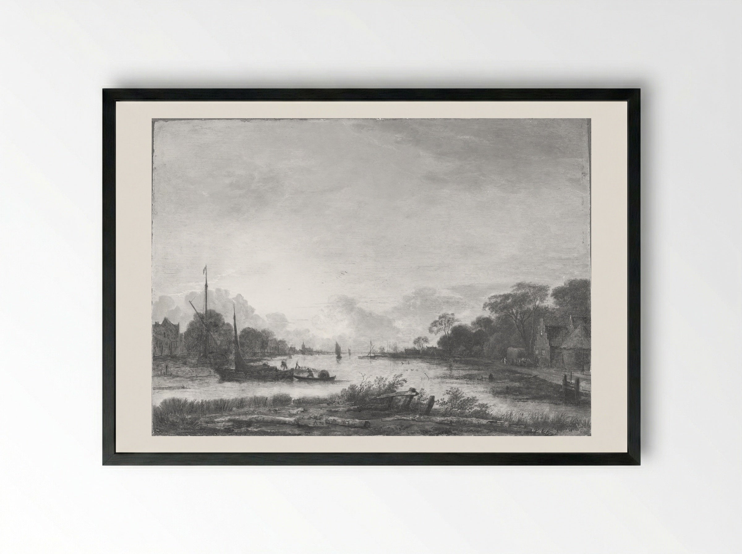 River Landscape - Aert van der Neer - Framed Print Black