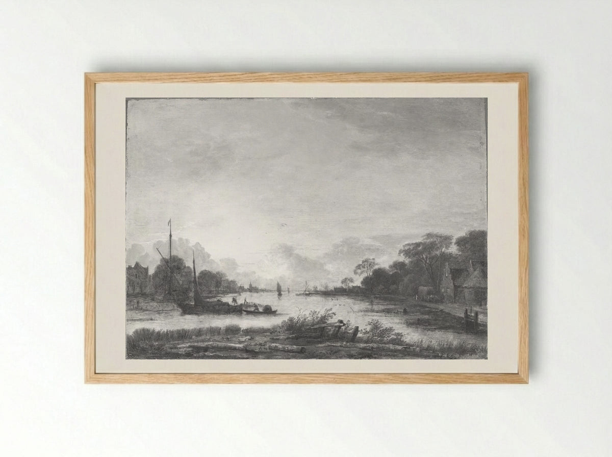 River Landscape - Aert van der Neer - Framed Print Wood