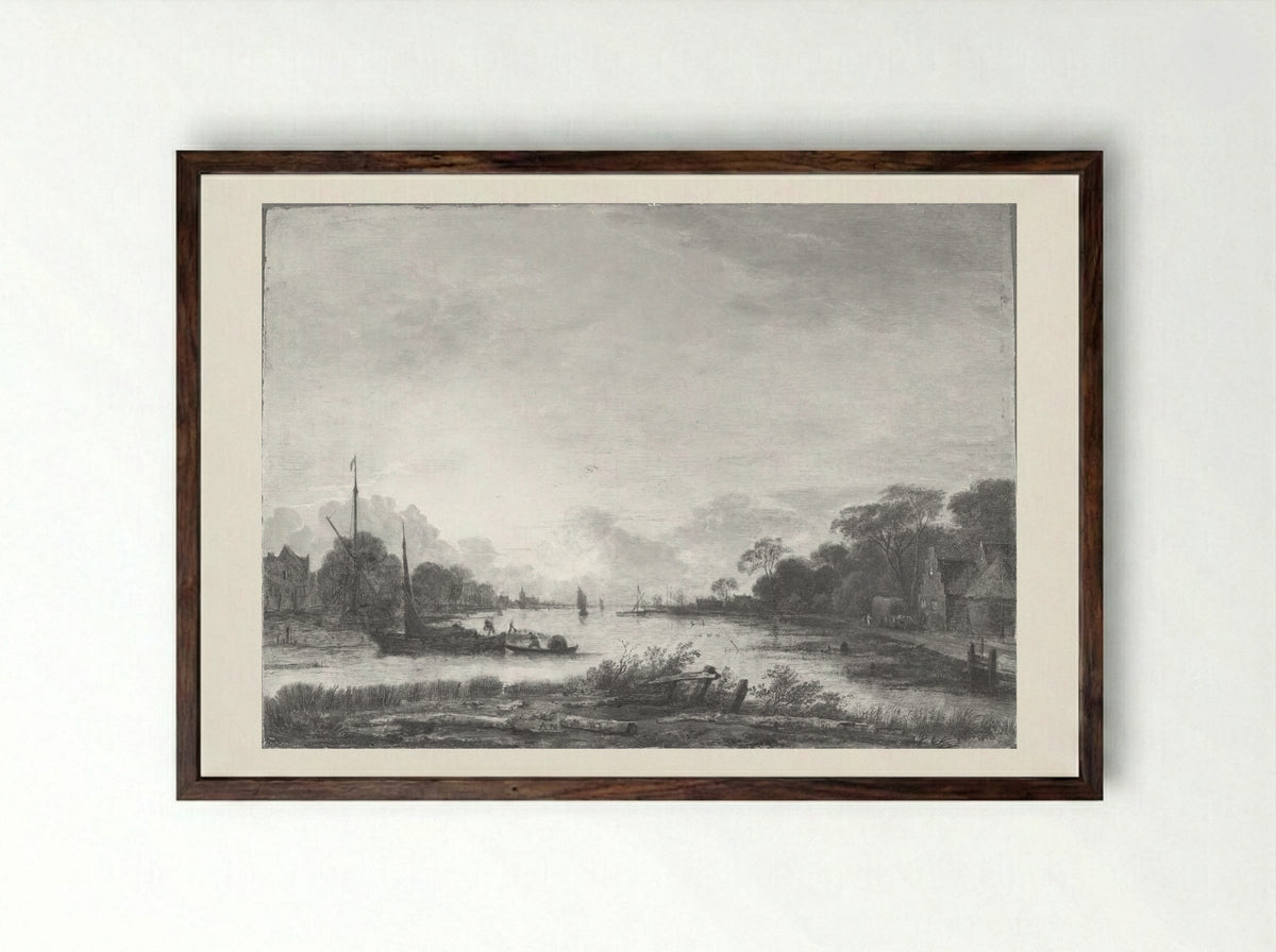 River Landscape - Aert van der Neer - Framed Print Dark Wood