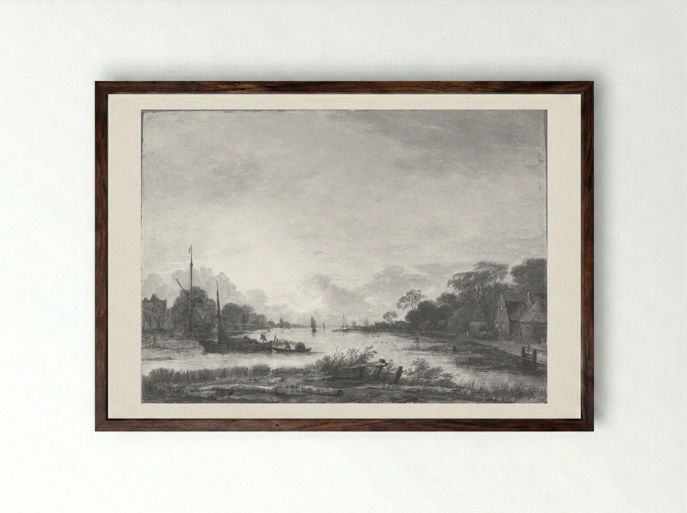 River Landscape - Aert van der Neer - Framed Print Dark Wood