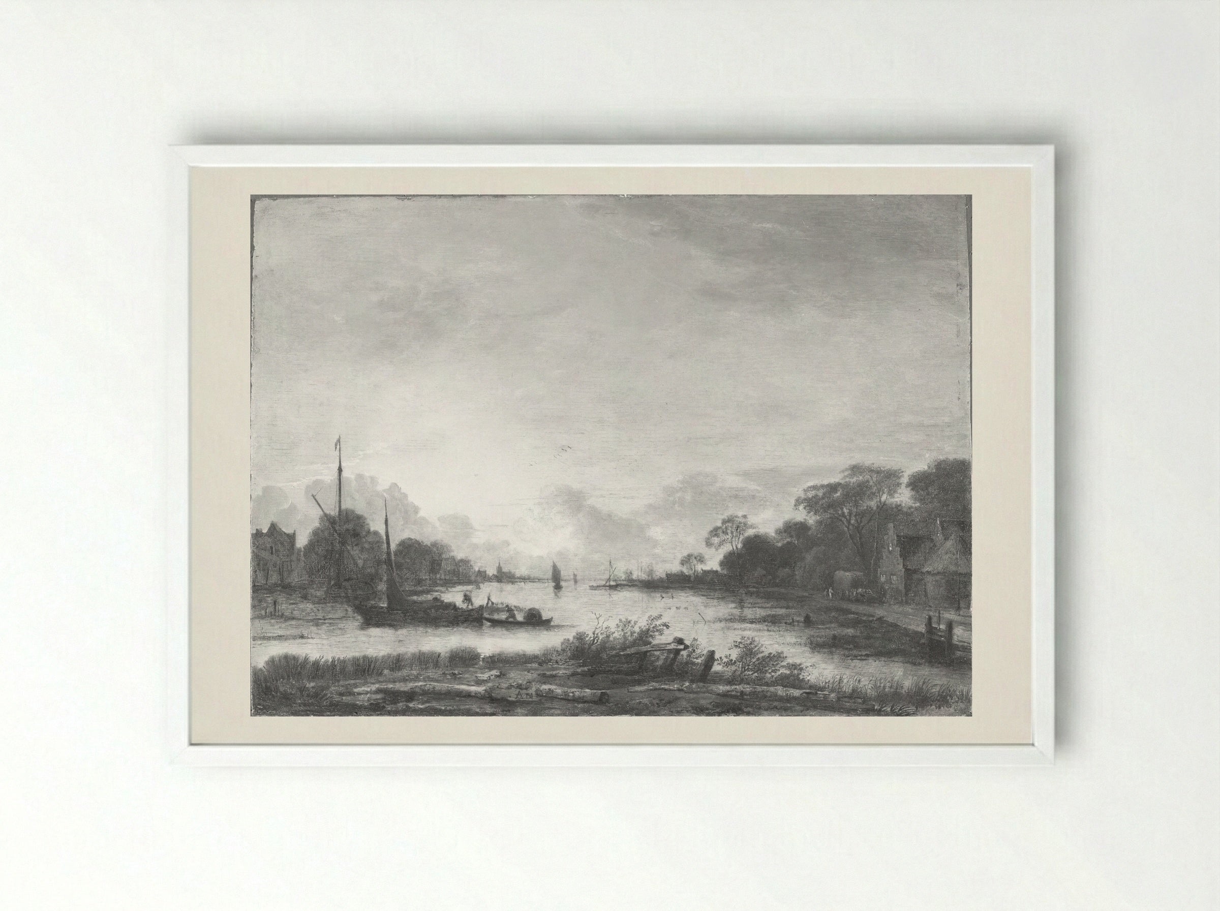 River Landscape - Aert van der Neer - Framed Print White