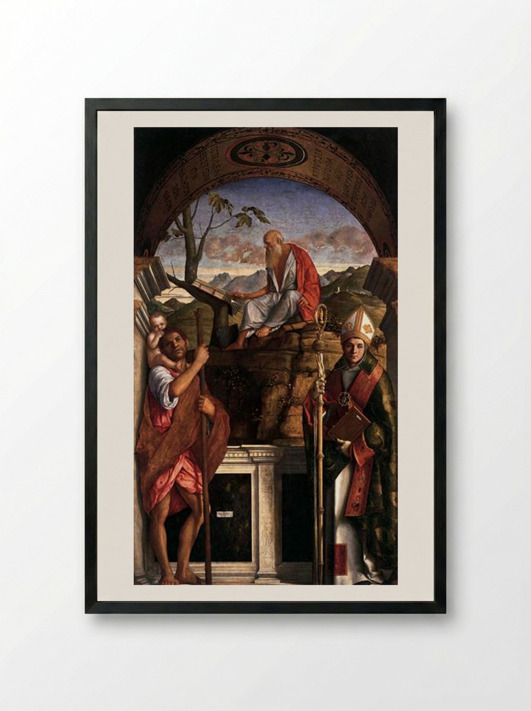 St. Jerome, St. Christopher and St. Augustine - Giovanni Bellini - Framed Print Black