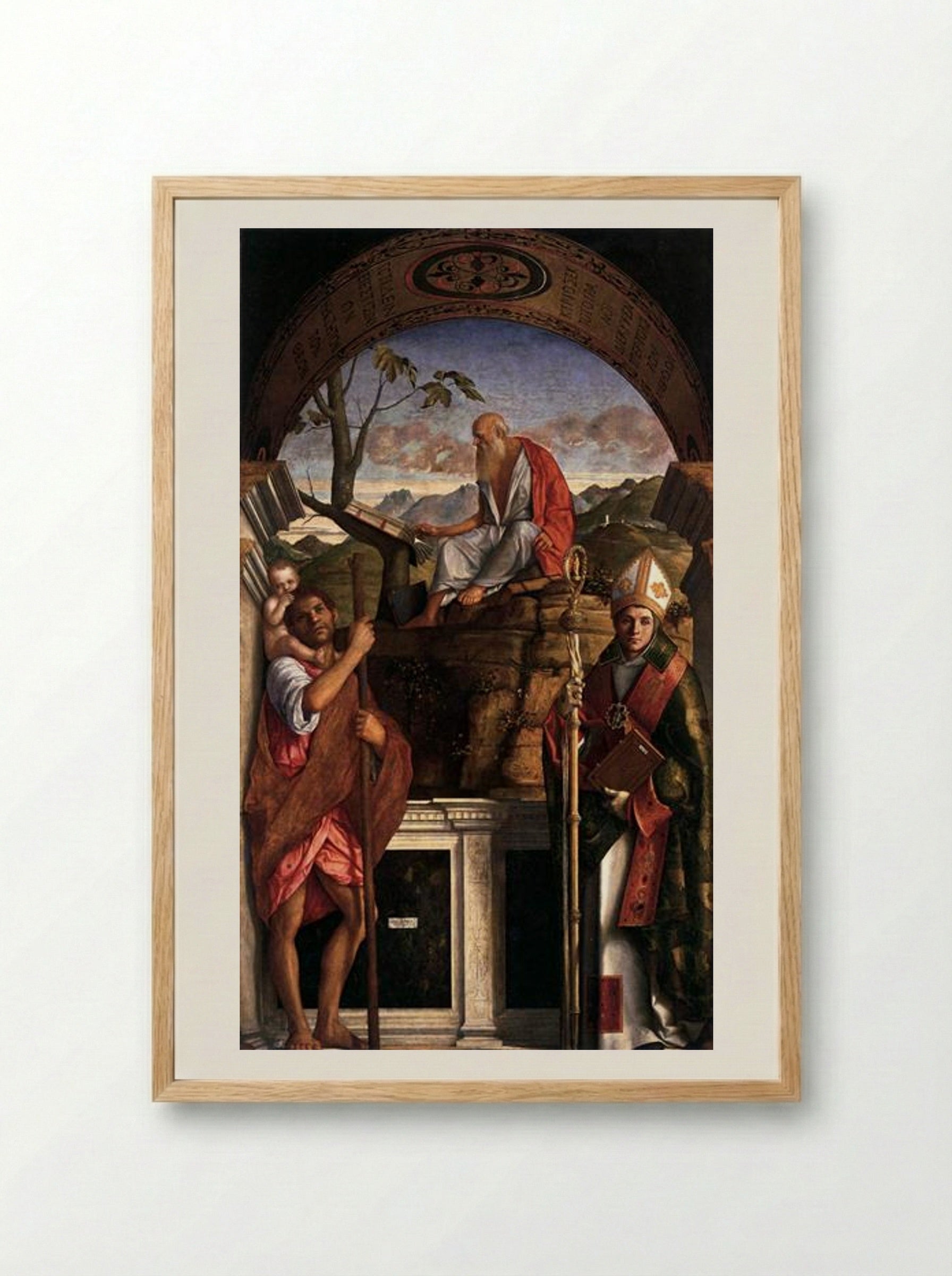 St. Jerome, St. Christopher and St. Augustine - Giovanni Bellini - Framed Print Wood