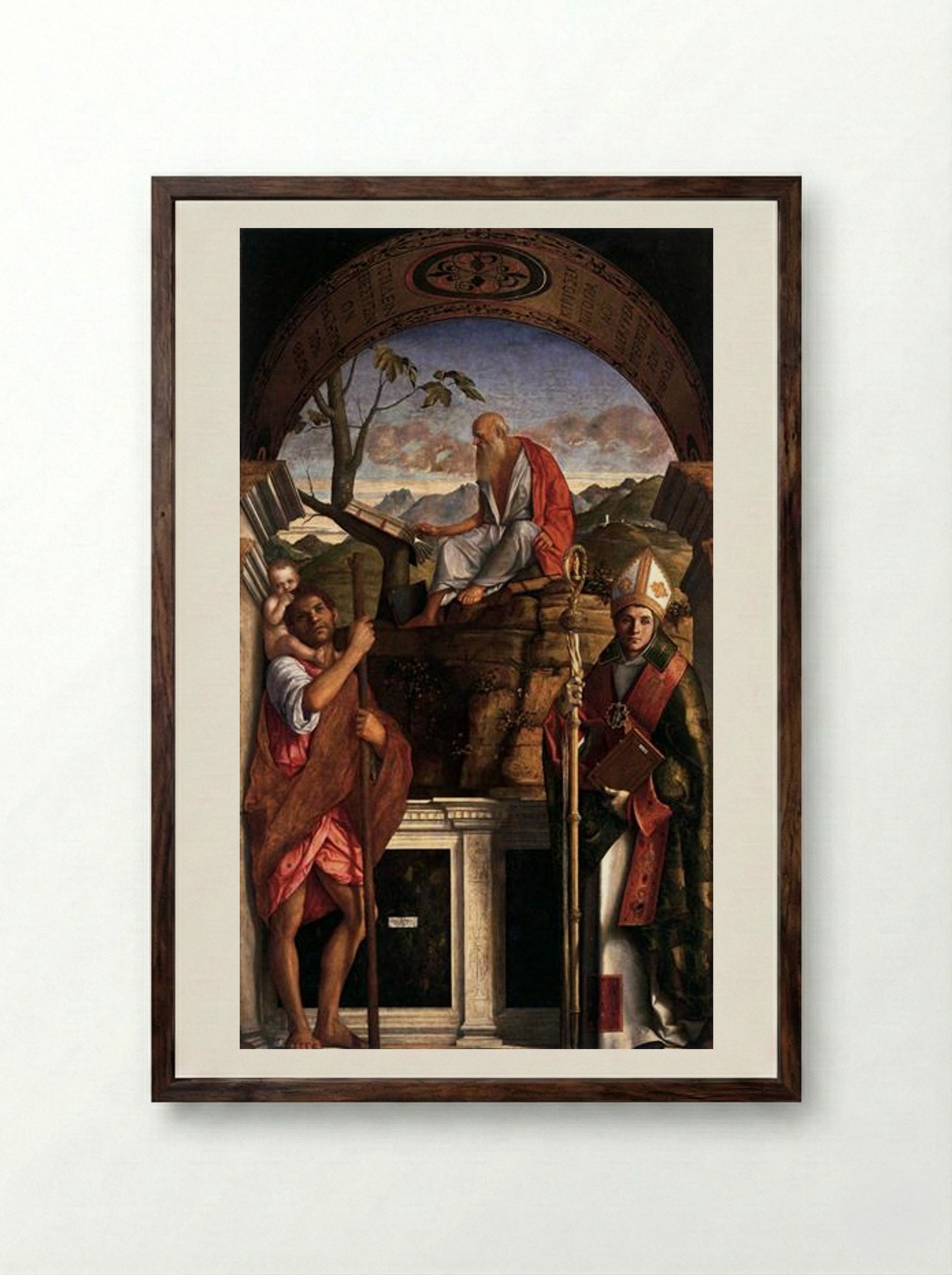 St. Jerome, St. Christopher and St. Augustine - Giovanni Bellini - Framed Print Dark Wood