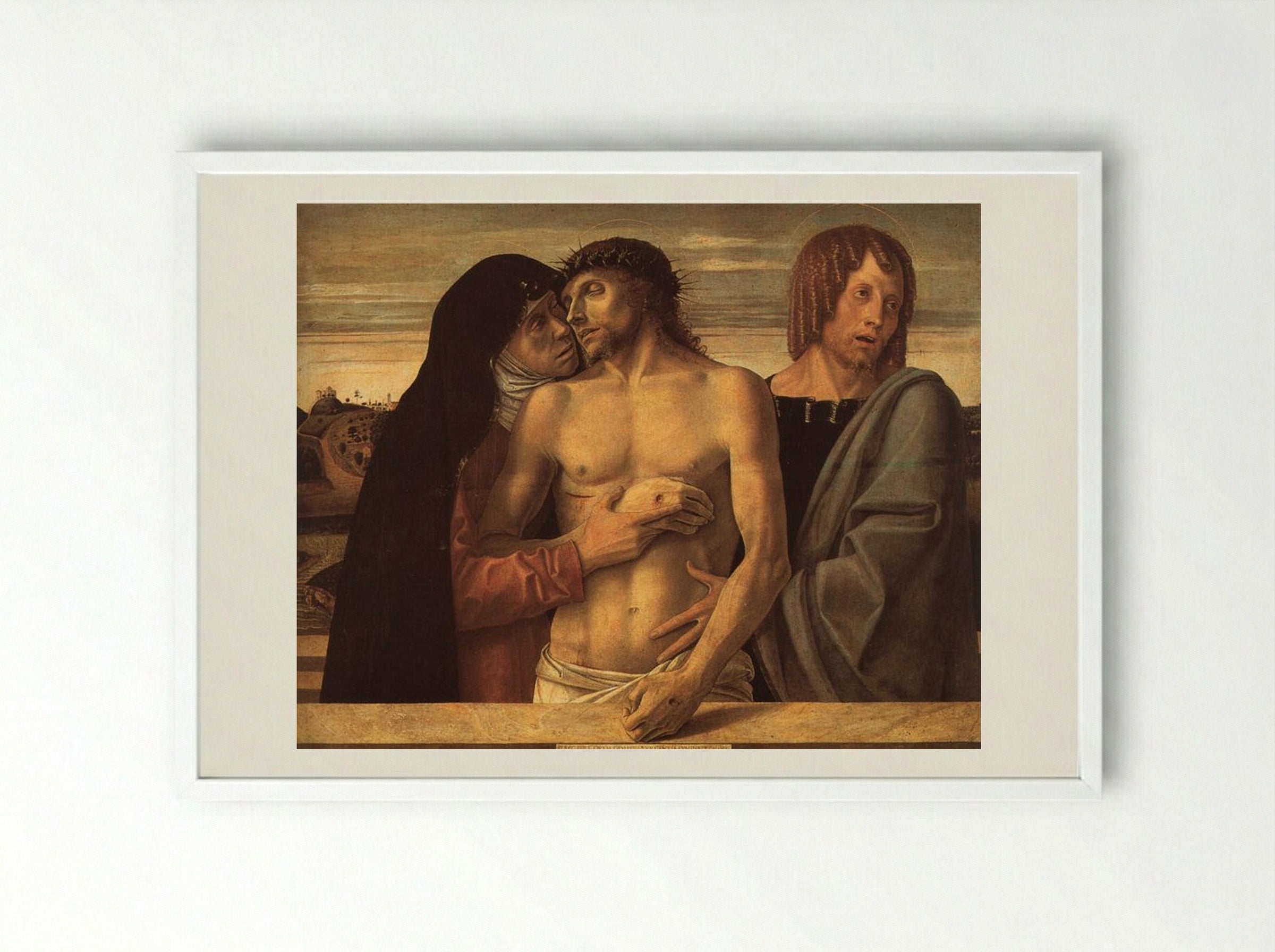 Dead Christ Supported by the Madonna and St. John - Giovanni Bellini - Framed Print White