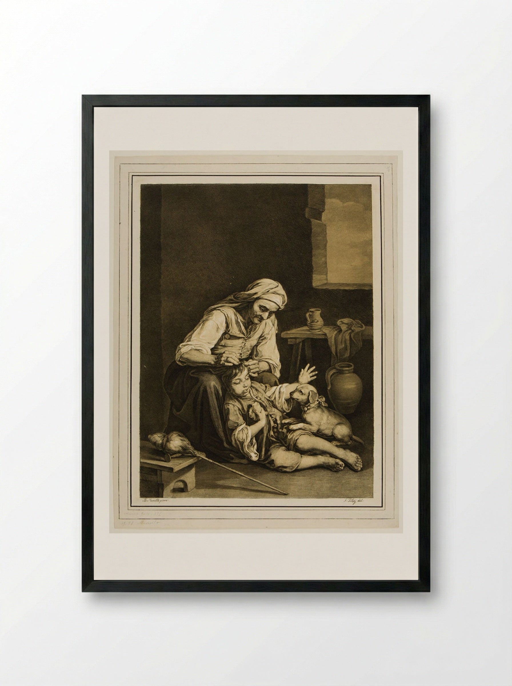 Woman, Boy, and Dog - Ferdinand Piloty - Framed Print Black