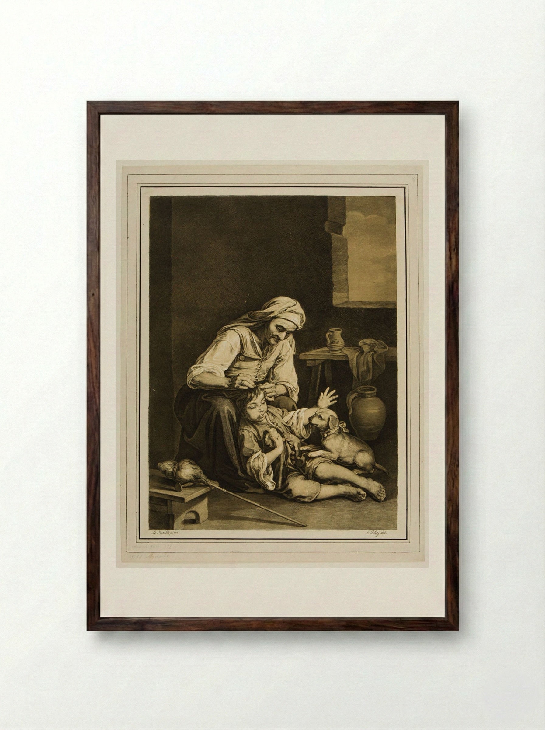 Woman, Boy, and Dog - Ferdinand Piloty - Framed Print Dark Wood