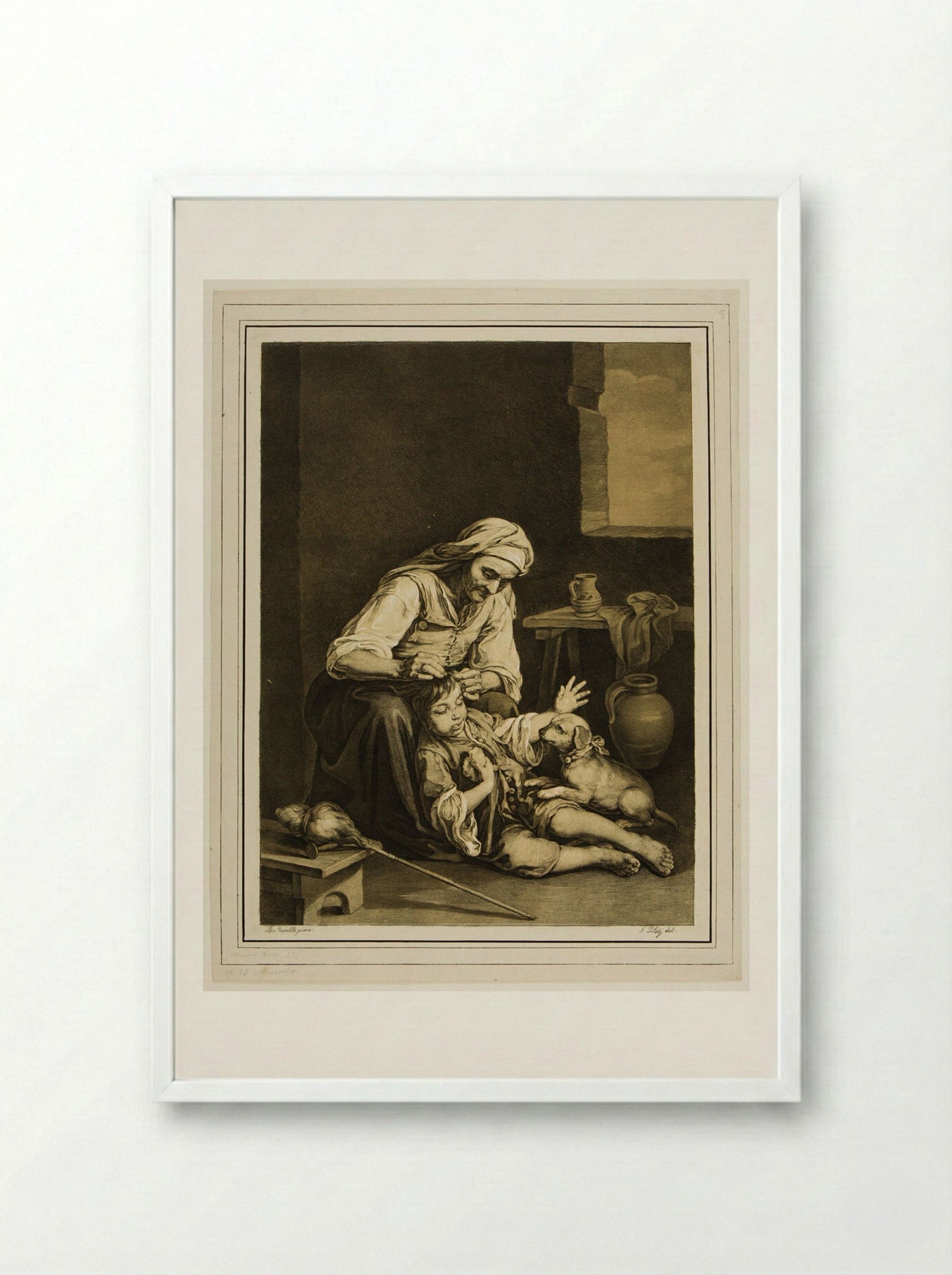 Woman, Boy, and Dog - Ferdinand Piloty - Framed Print White