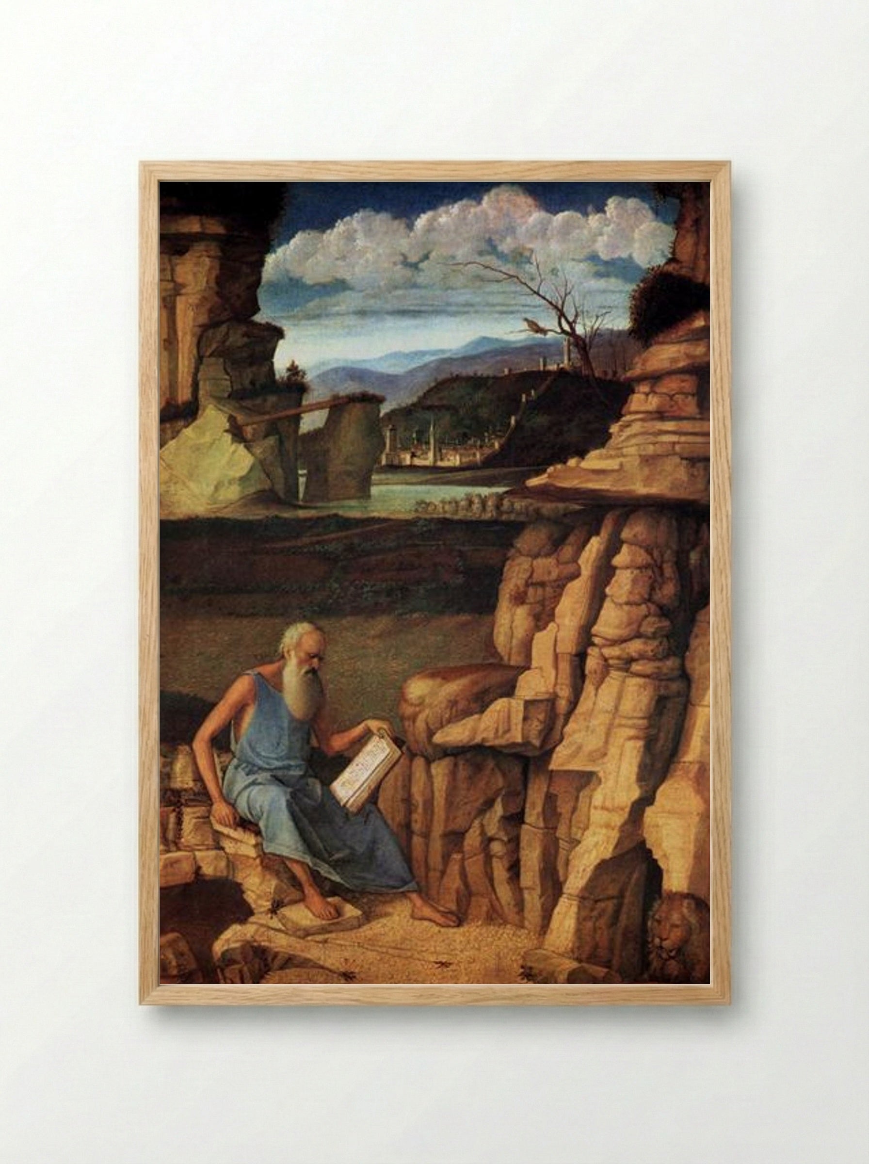 St Jerome Reading in the Countryside - Giovanni Bellini - Framed Print Wood