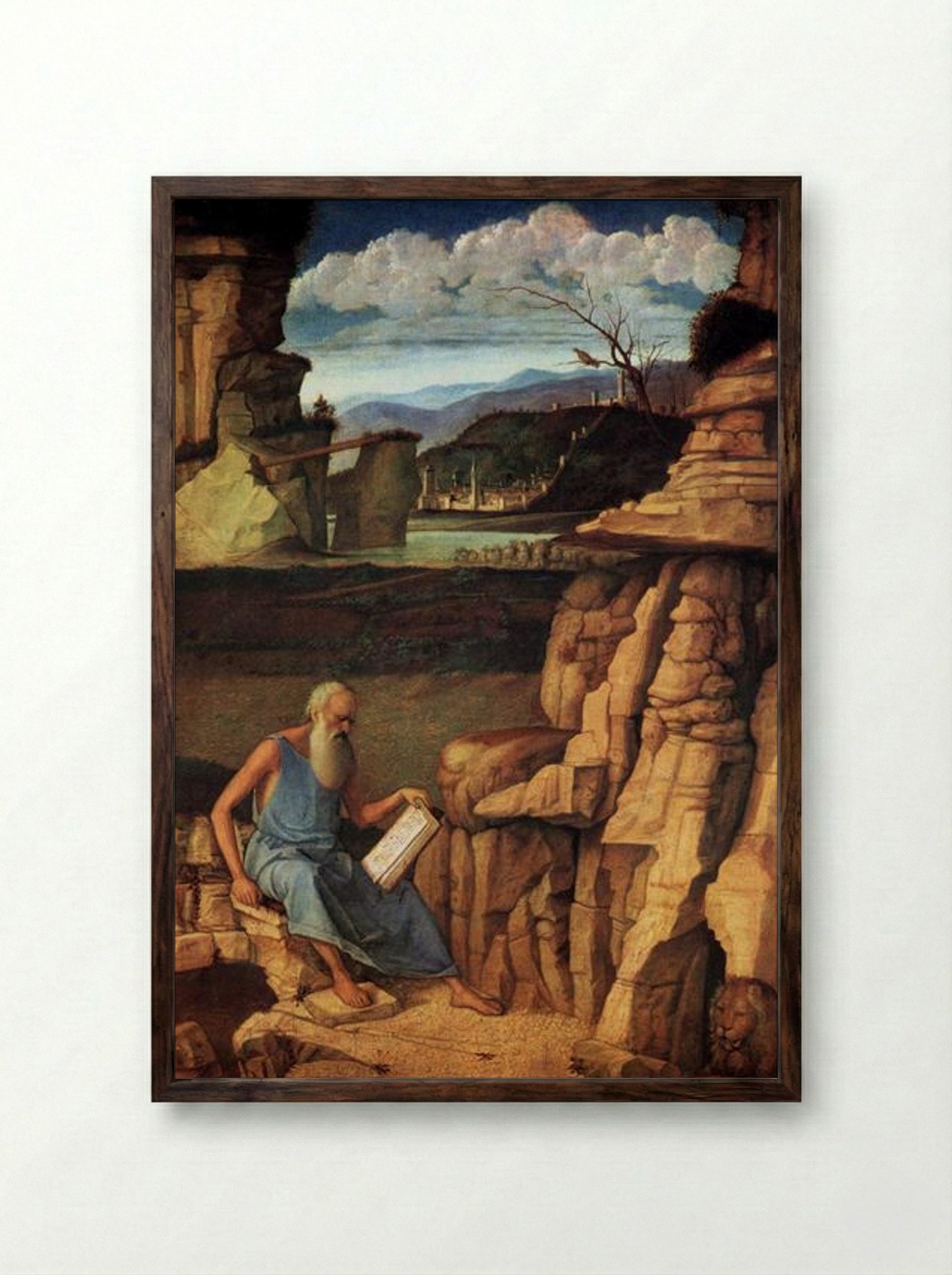 St Jerome Reading in the Countryside - Giovanni Bellini - Framed Print Dark Wood