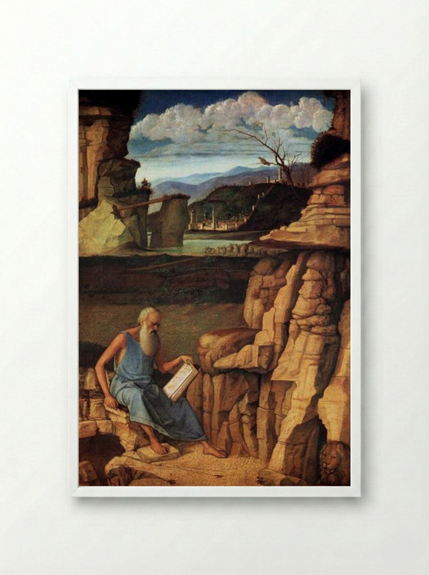St Jerome Reading in the Countryside - Giovanni Bellini - Framed Print White