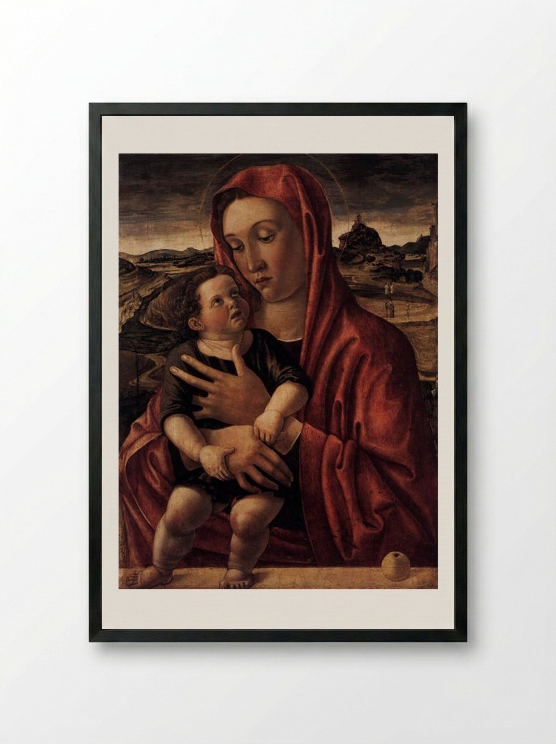 Madonna, with Child Standing on a Parapet - Giovanni Bellini - Framed Print Black